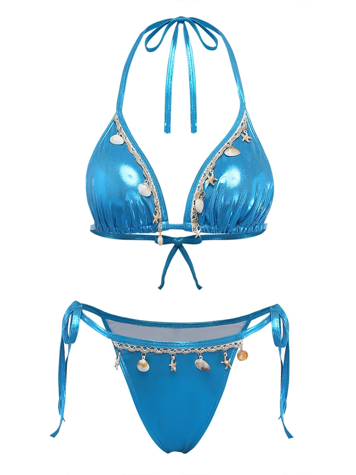 Blue 1980s Metallic Shell Halter Bikini Set - Image 2