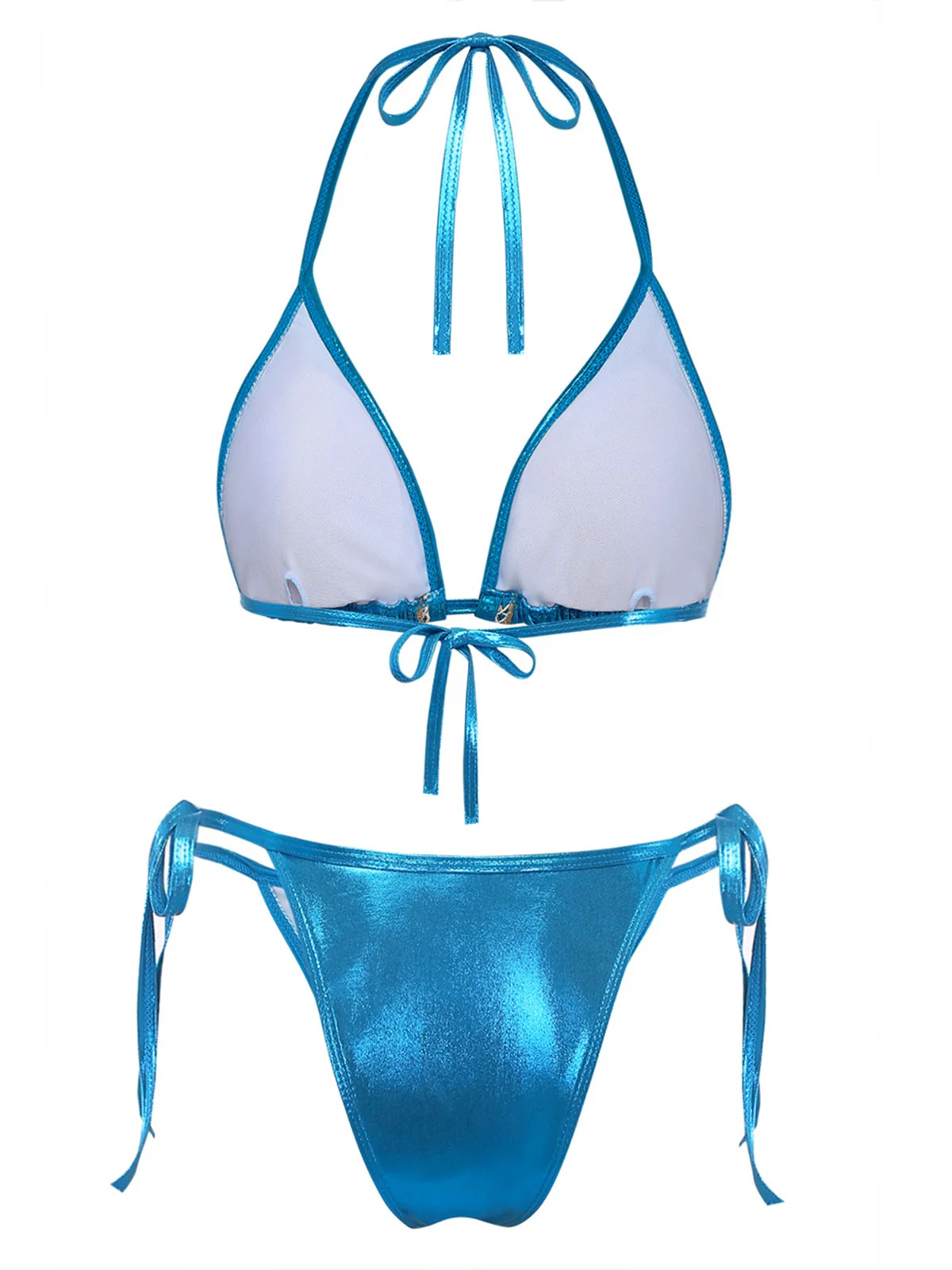 Blue 1980s Metallic Shell Halter Bikini Set - Image 3