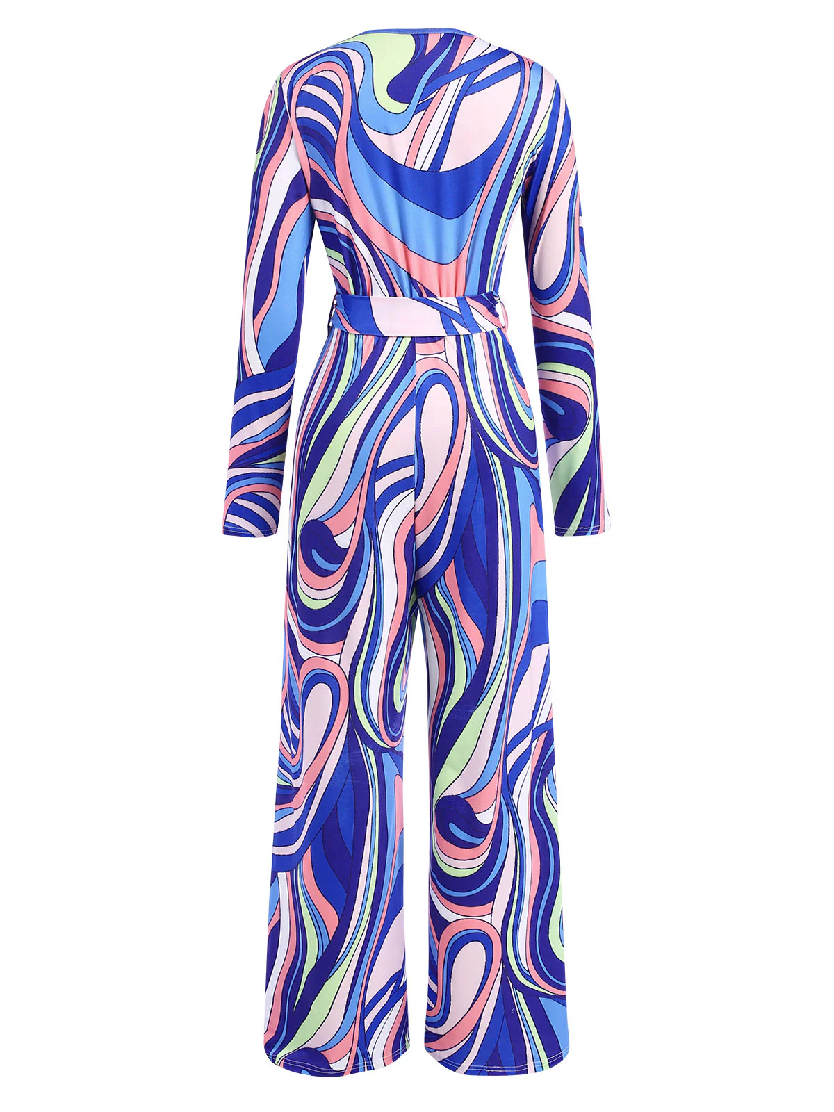 Blue 1980s Psychedelic Print Tie-Waist Jumpsuit - Image 3