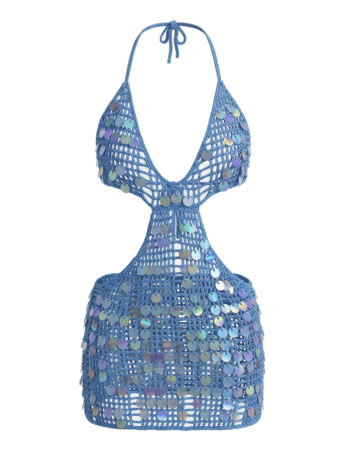 Blue 1980s Sequin Deep V-Neck Backless Beach Cover Up - Image 2
