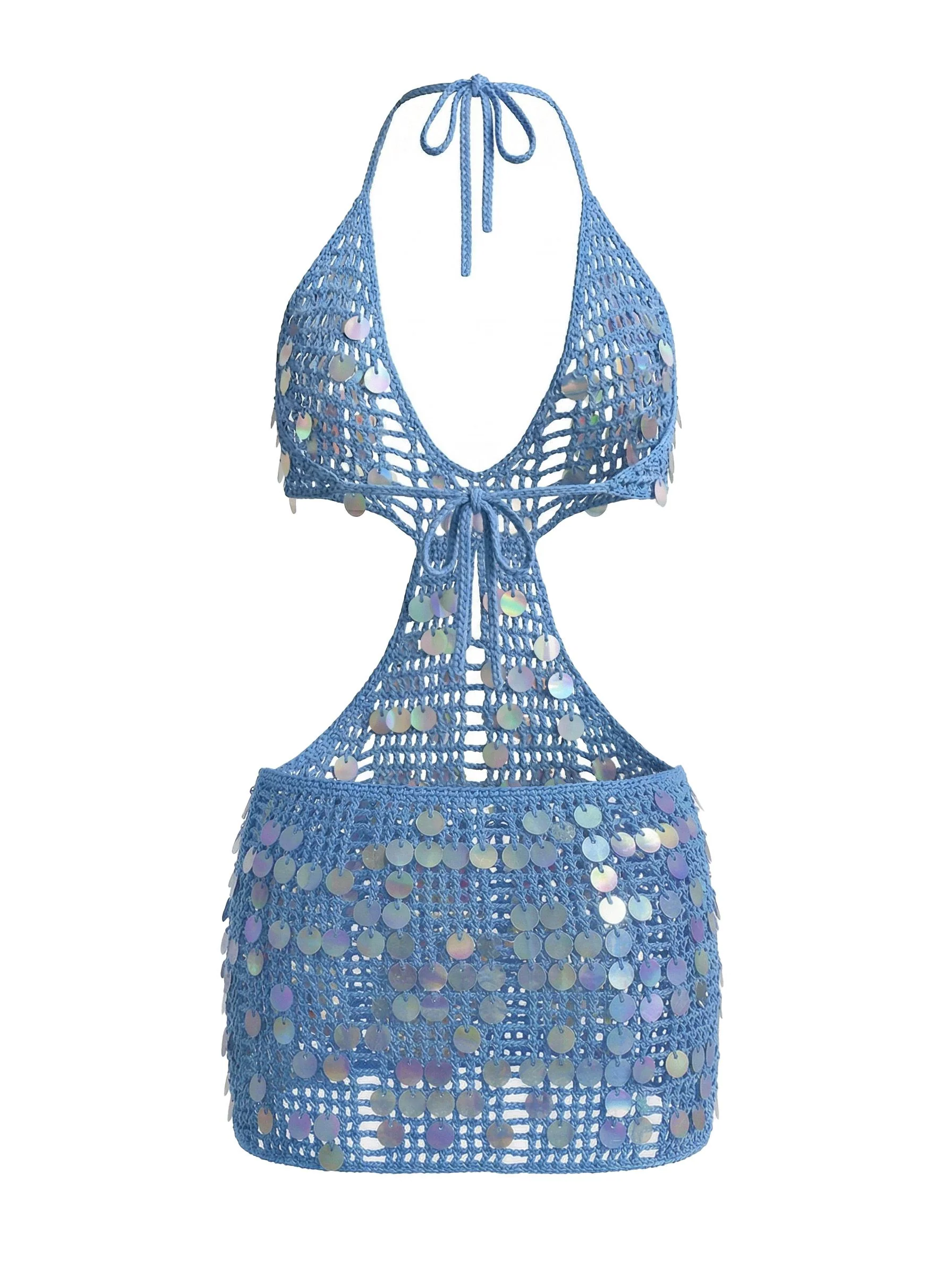 Blue 1980s Sequin Deep V-Neck Backless Beach Cover Up - Image 3