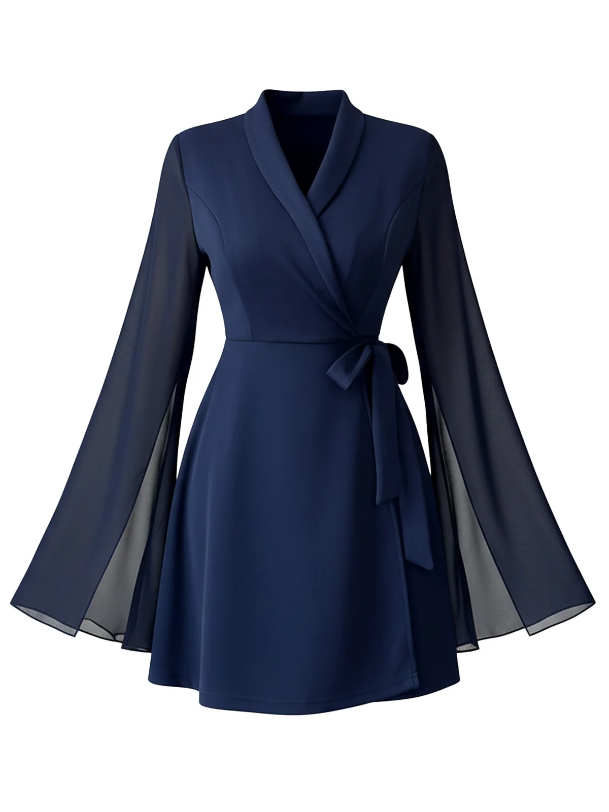 Blue 1980s Solid Slit Mesh Sleeves Bow Lapel Dress - Image 2