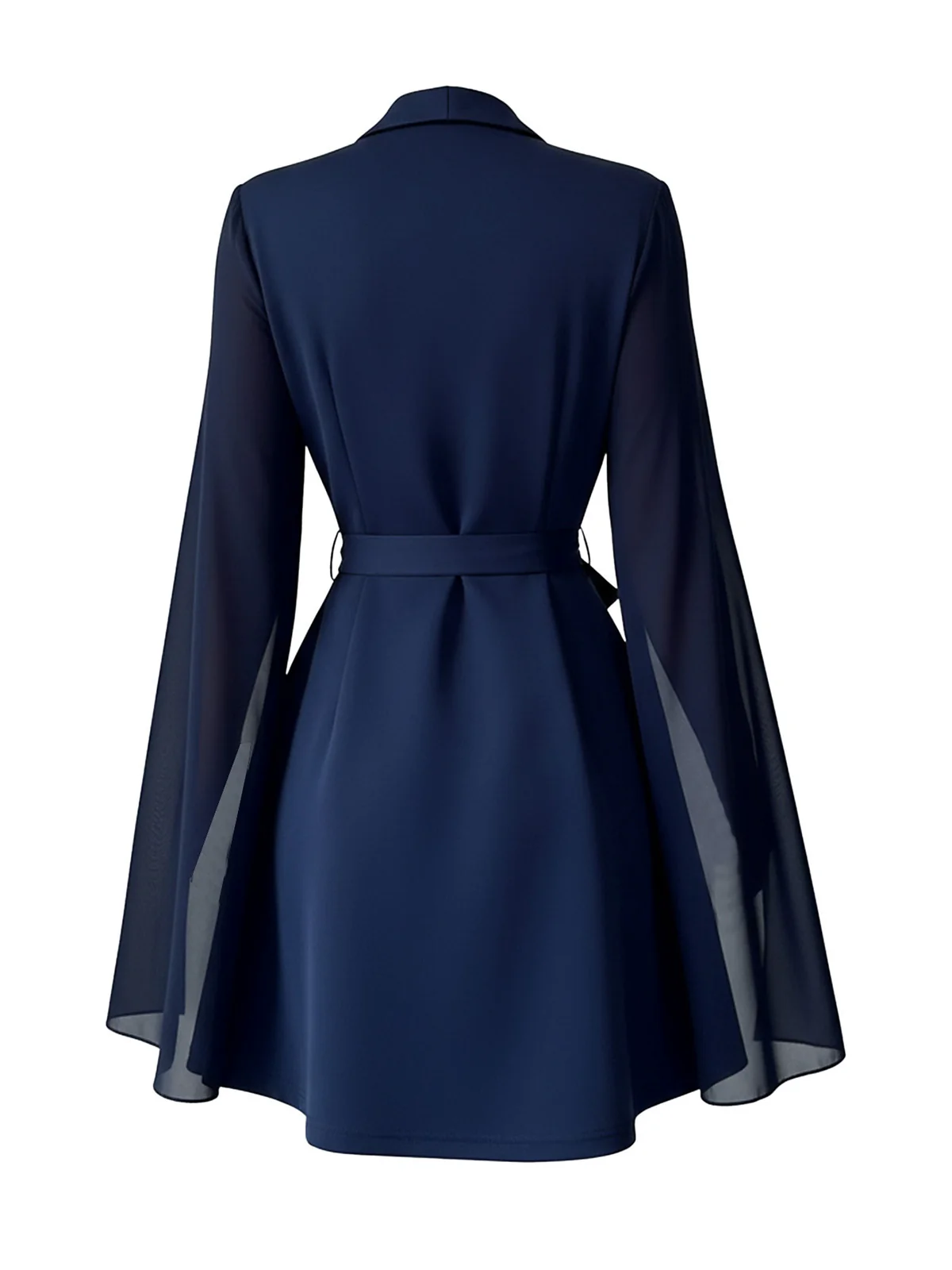 Blue 1980s Solid Slit Mesh Sleeves Bow Lapel Dress - Image 3