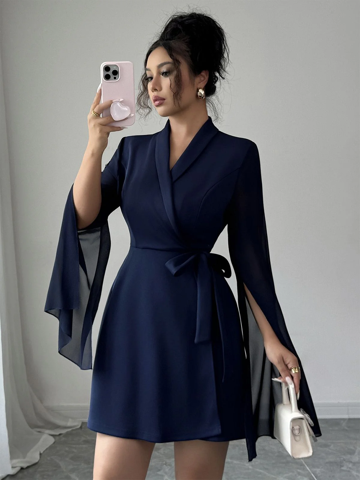 Blue 1980s Solid Slit Mesh Sleeves Bow Lapel Dress - Image 4