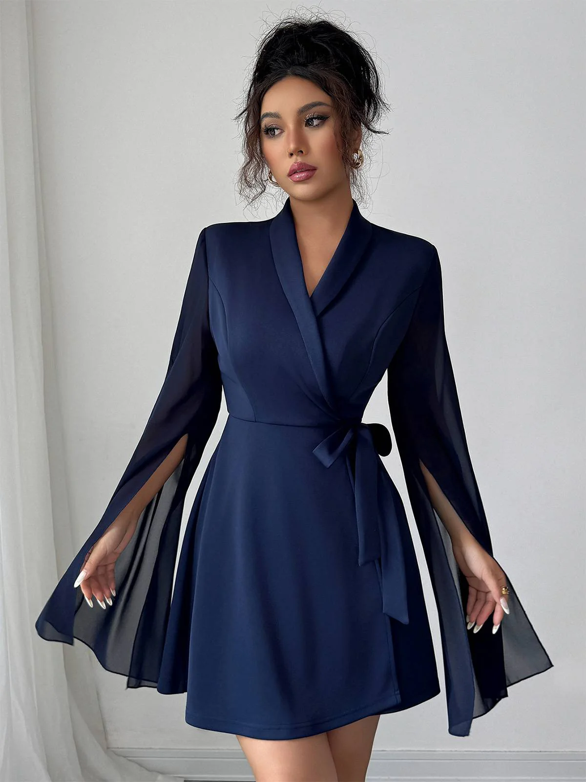 Blue 1980s Solid Slit Mesh Sleeves Bow Lapel Dress - Image 5