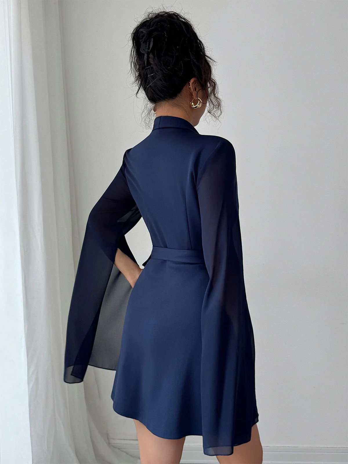 Blue 1980s Solid Slit Mesh Sleeves Bow Lapel Dress - Image 6