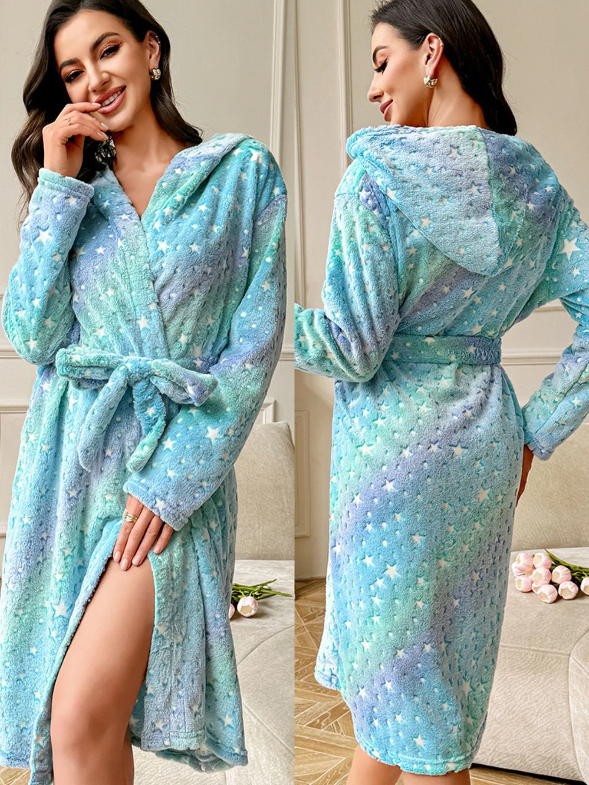 Blue 1980s Star Print Hooded Fleece Robe - Image 4