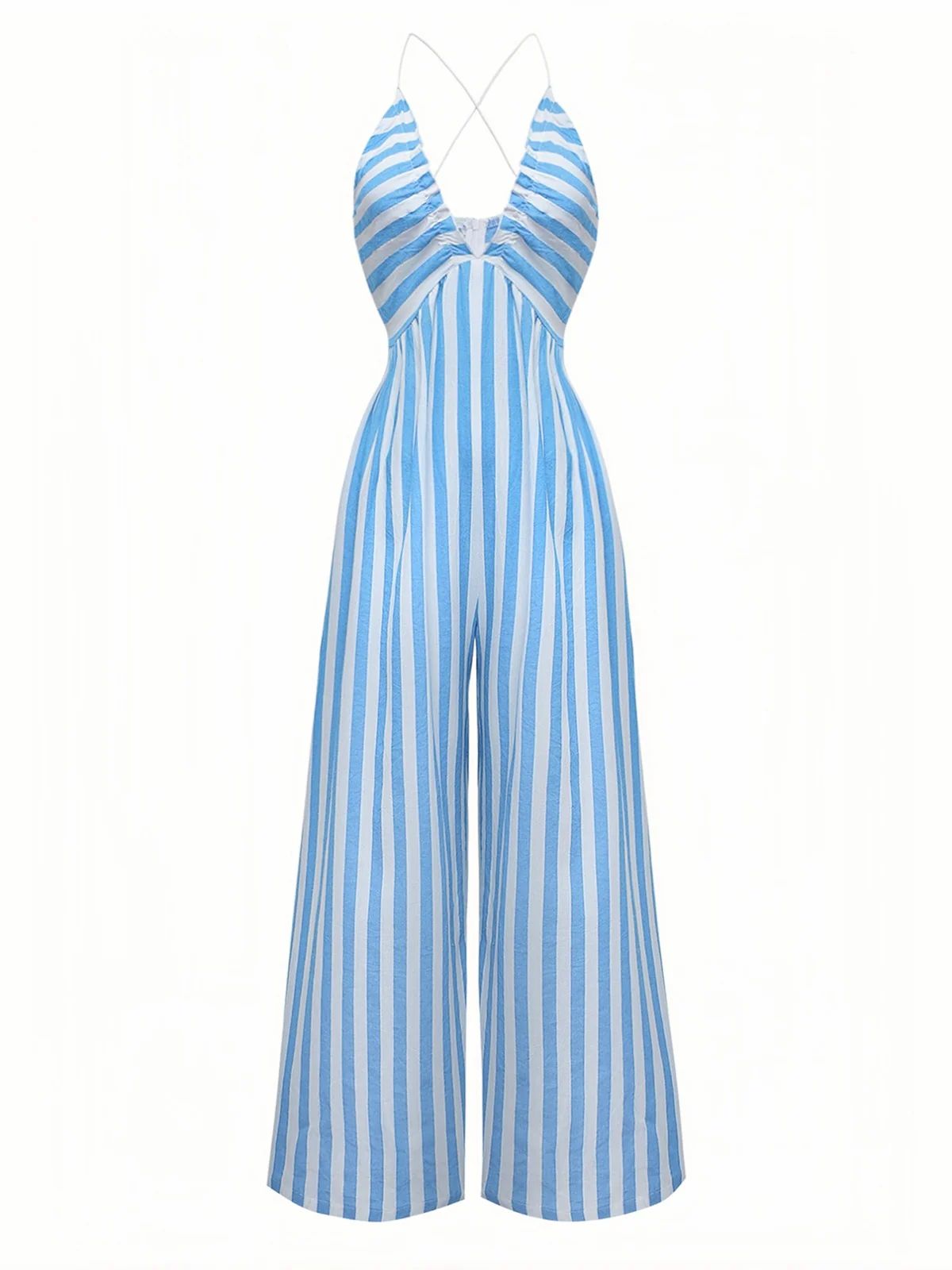 Blue 1980s Striped Deep V Spaghetti Strap Jumpsuit - Image 2
