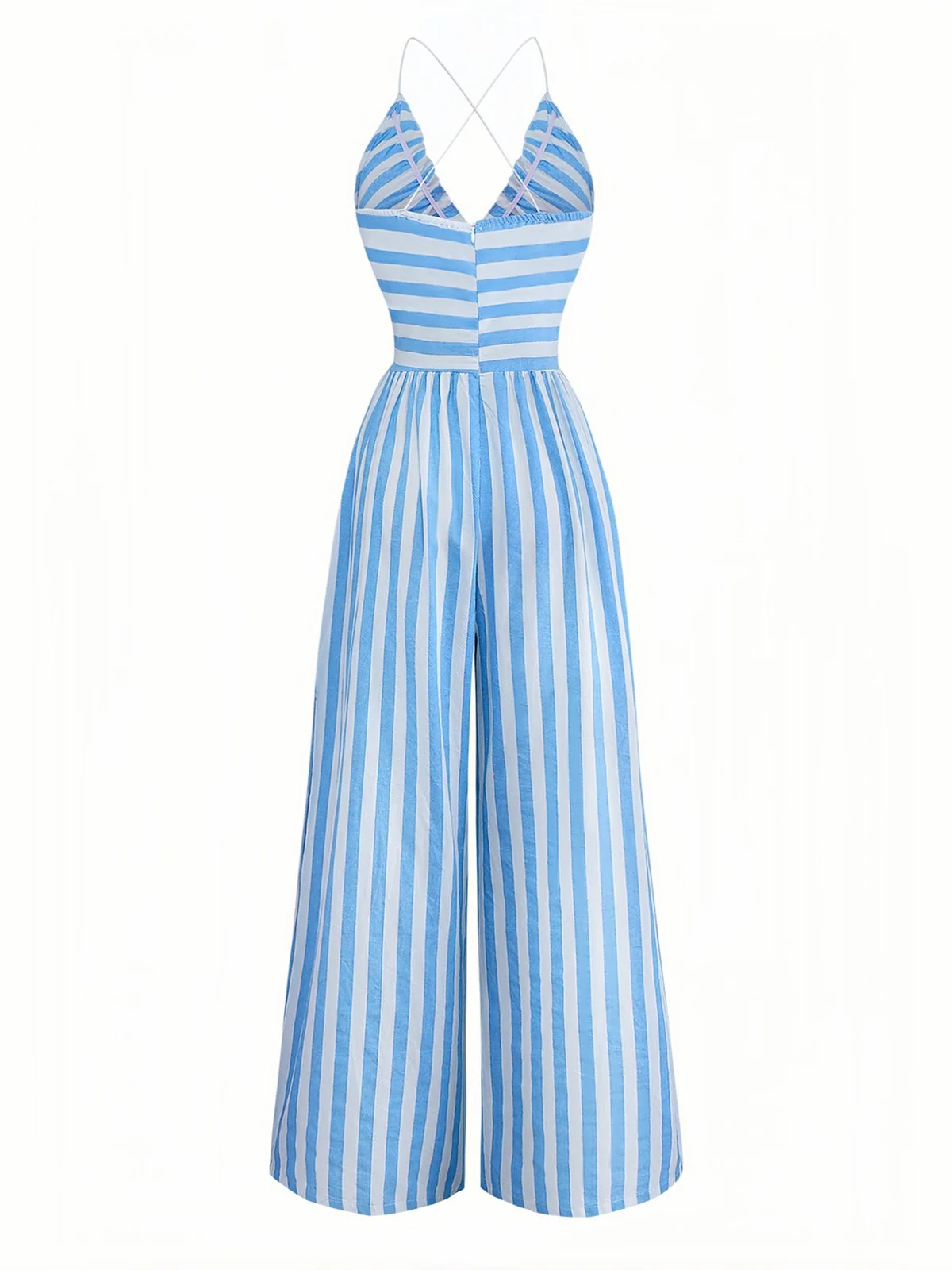 Blue 1980s Striped Deep V Spaghetti Strap Jumpsuit - Image 3