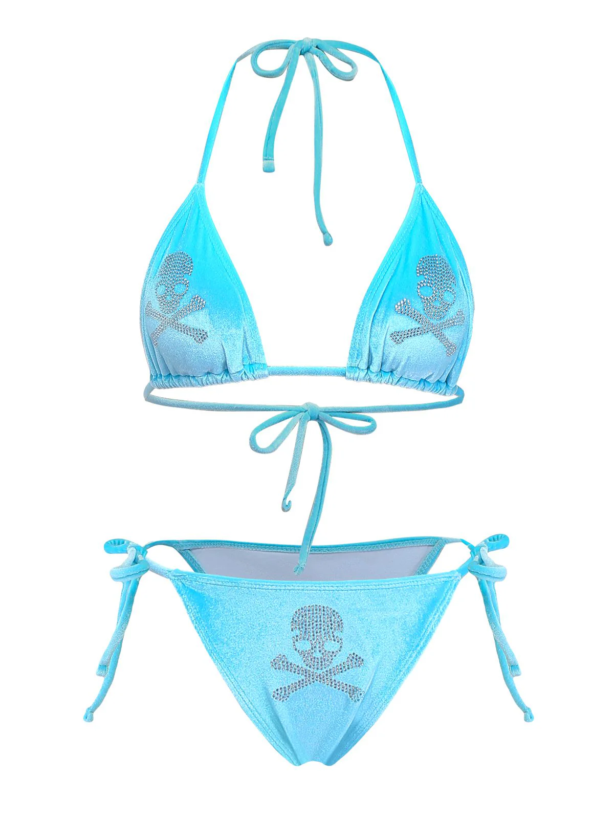 Blue 1980s Velvet Rhinestone Skull Print Bikini Set - Image 2