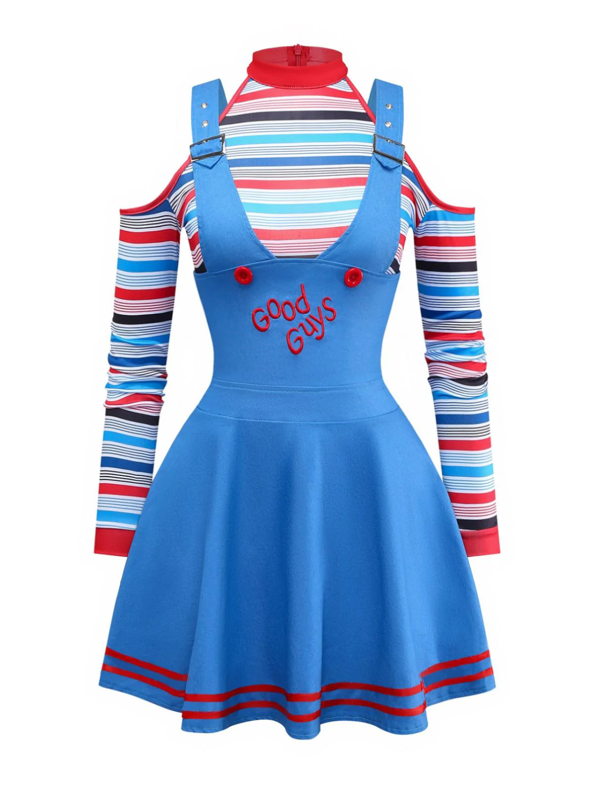 Blue 2PCS 1960s Halloween Chucky Striped Top & Wide Strap Dress - Image 2