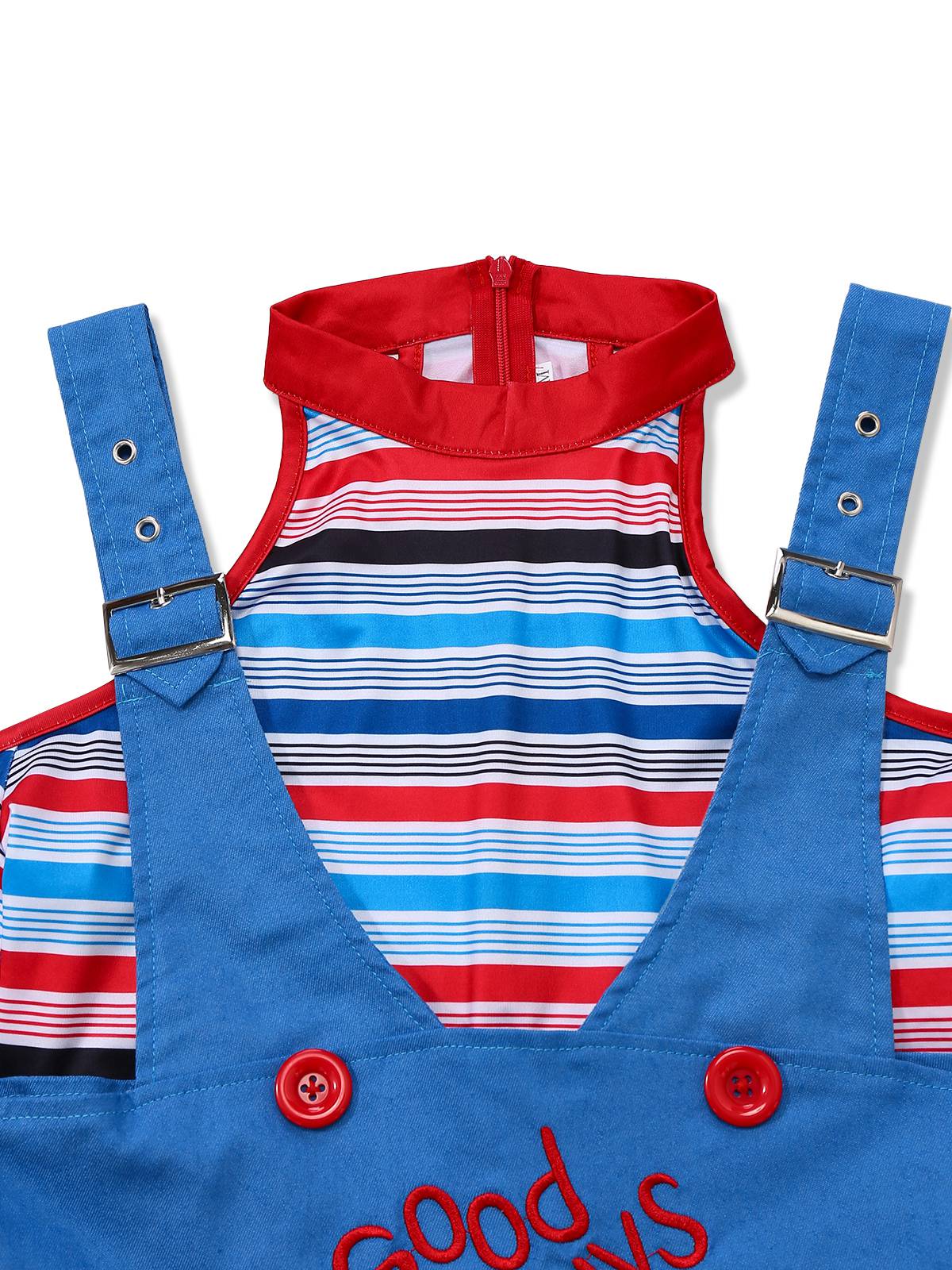 Blue 2PCS 1960s Halloween Chucky Striped Top & Wide Strap Dress - Image 4