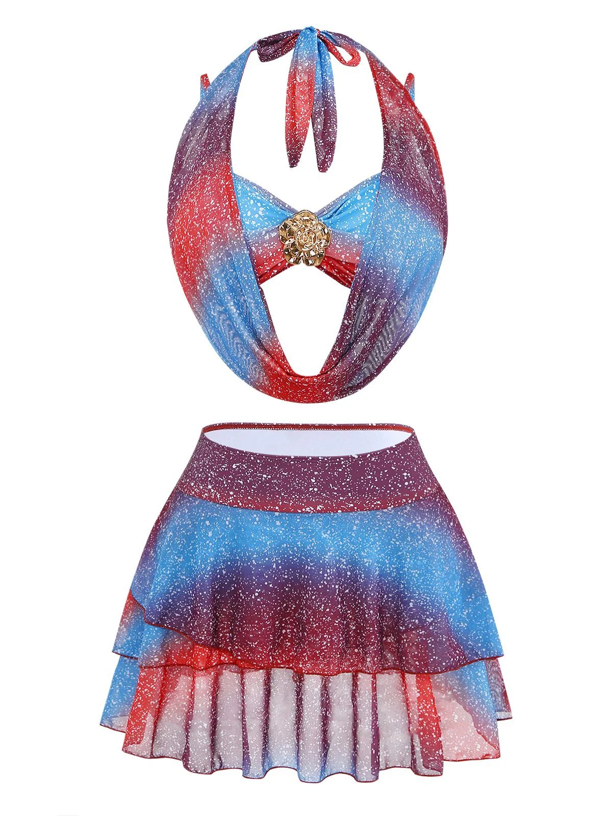Blue & Red 1950s Gradient Glitter Halter Skirt Swimsuit Set - Image 2