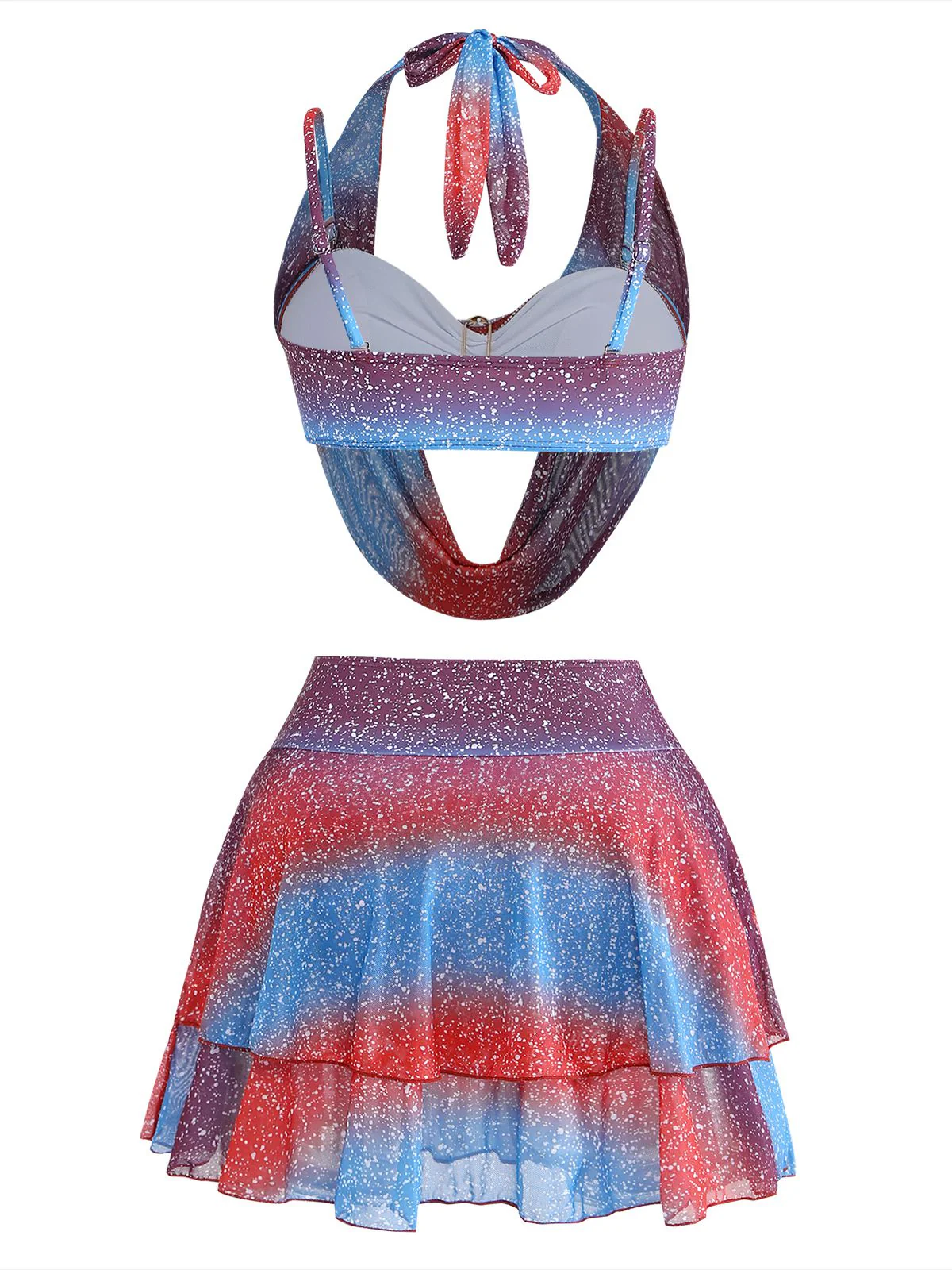 Blue & Red 1950s Gradient Glitter Halter Skirt Swimsuit Set - Image 3