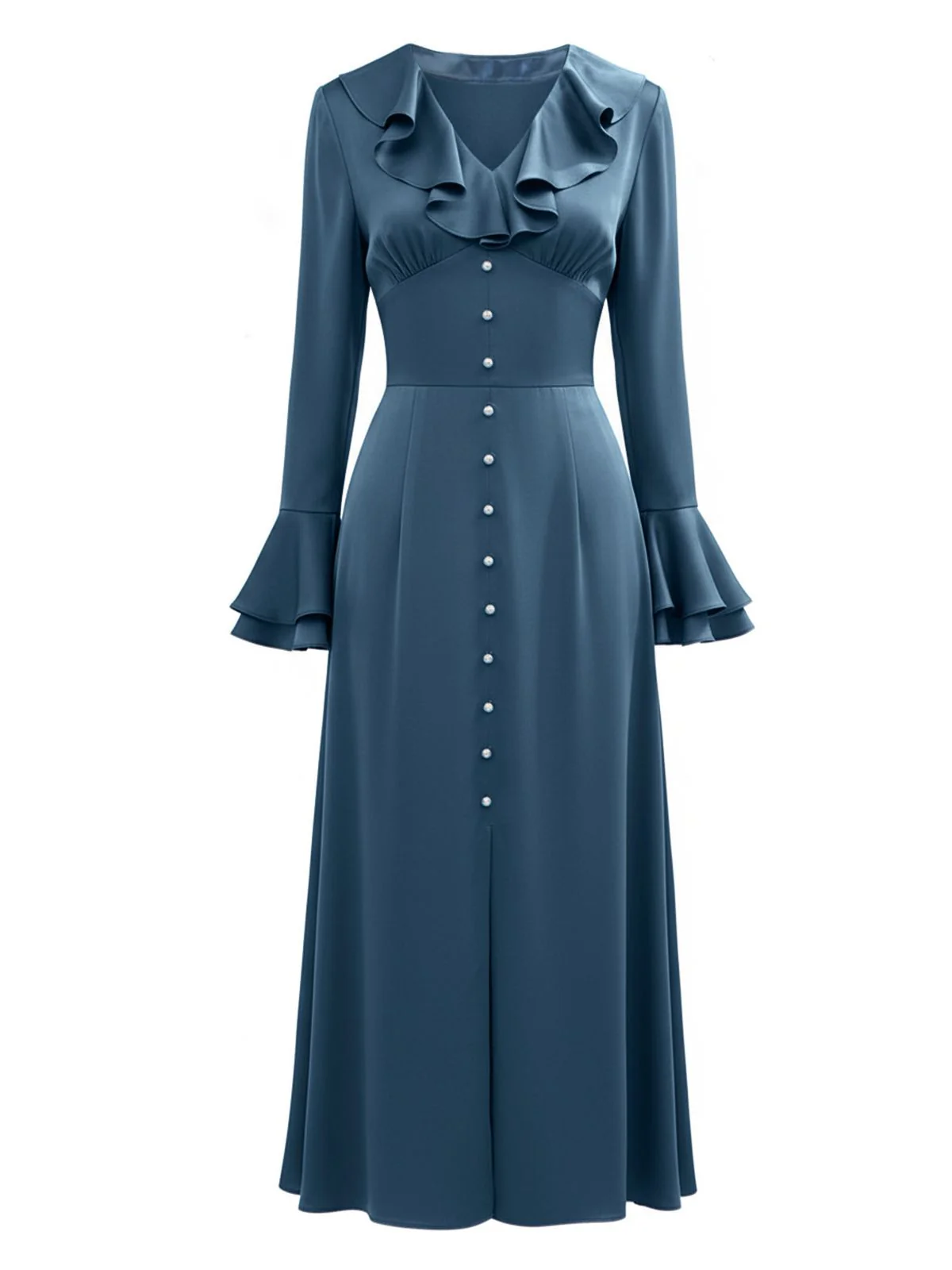 Blue-Gray 1940s Button Satin Split Dress - Image 2