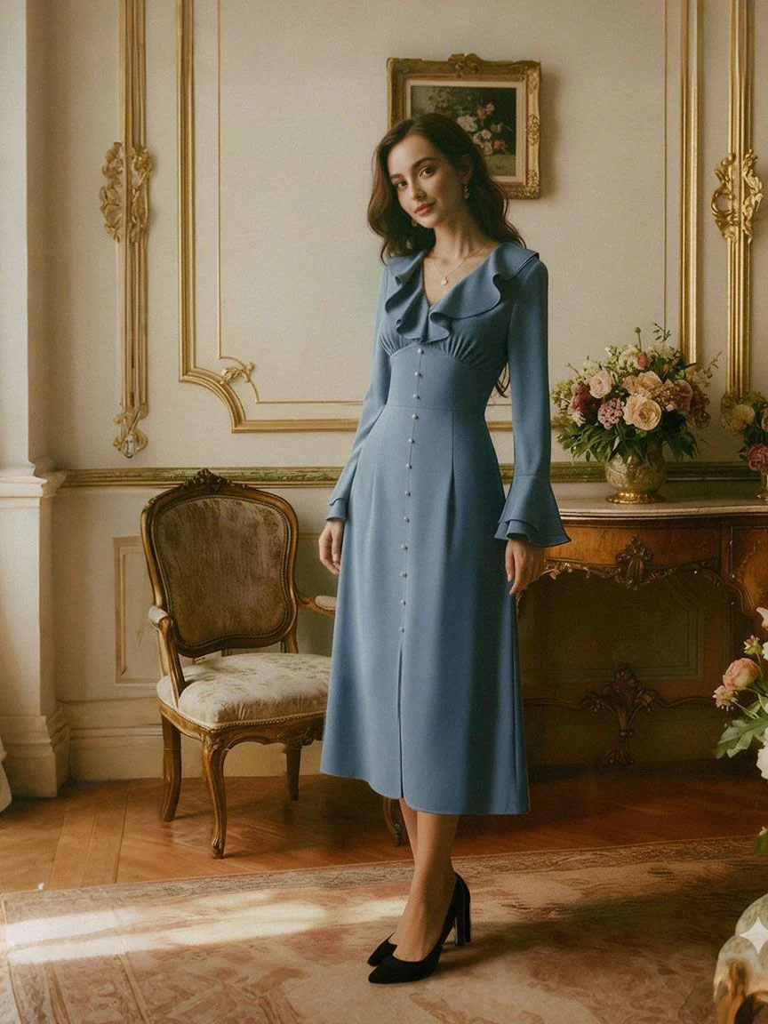 Blue-Gray 1940s Button Satin Split Dress - Image 3