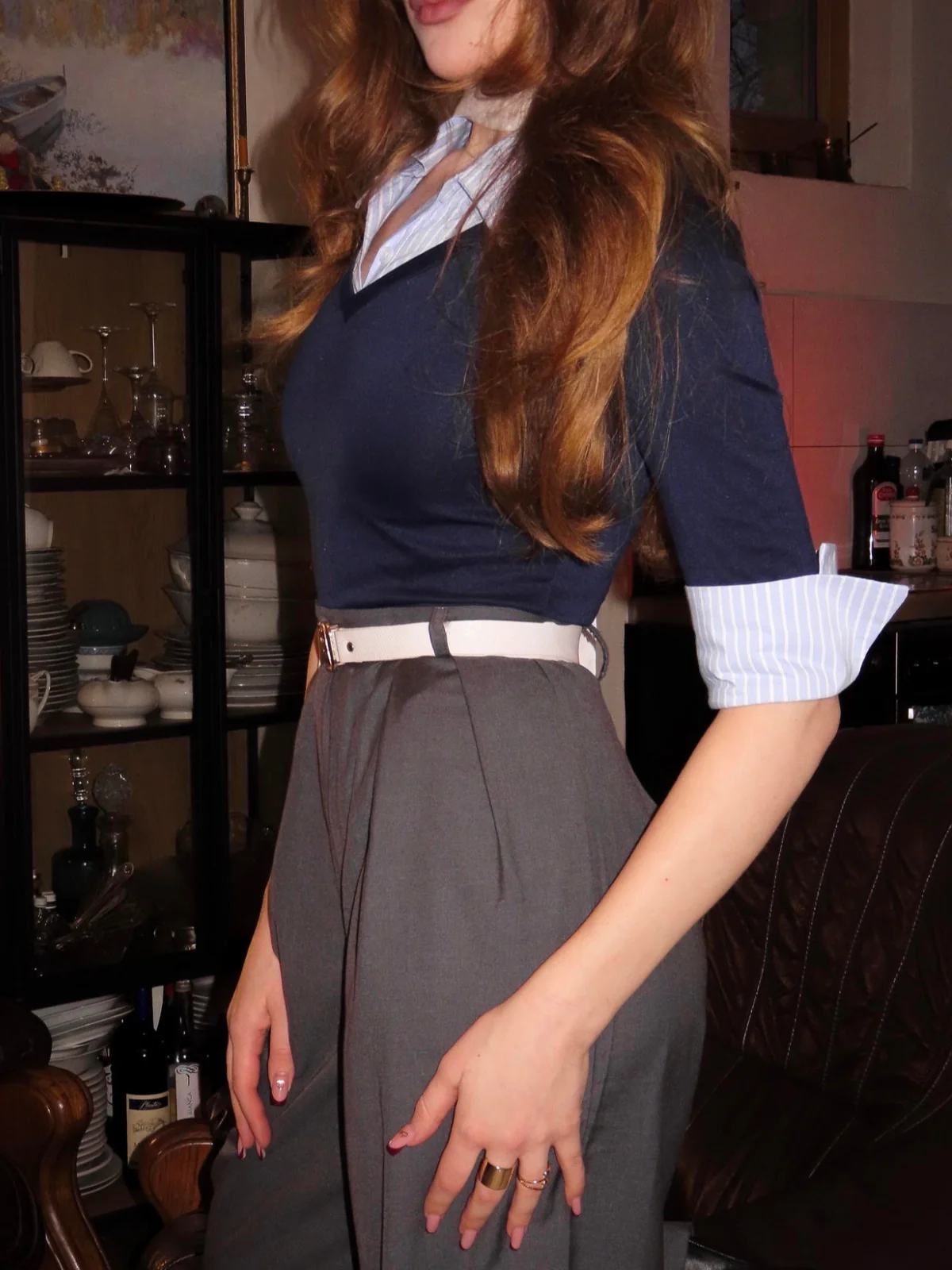 Blue & Gray 1940s Knit Colorblock 3/4 Sleeve Shirt Jumpsuit - Image 3