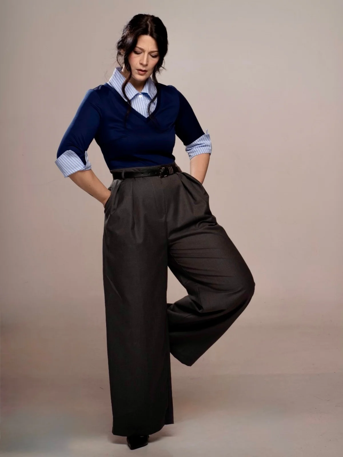 Blue & Gray 1940s Knit Colorblock 3/4 Sleeve Shirt Jumpsuit