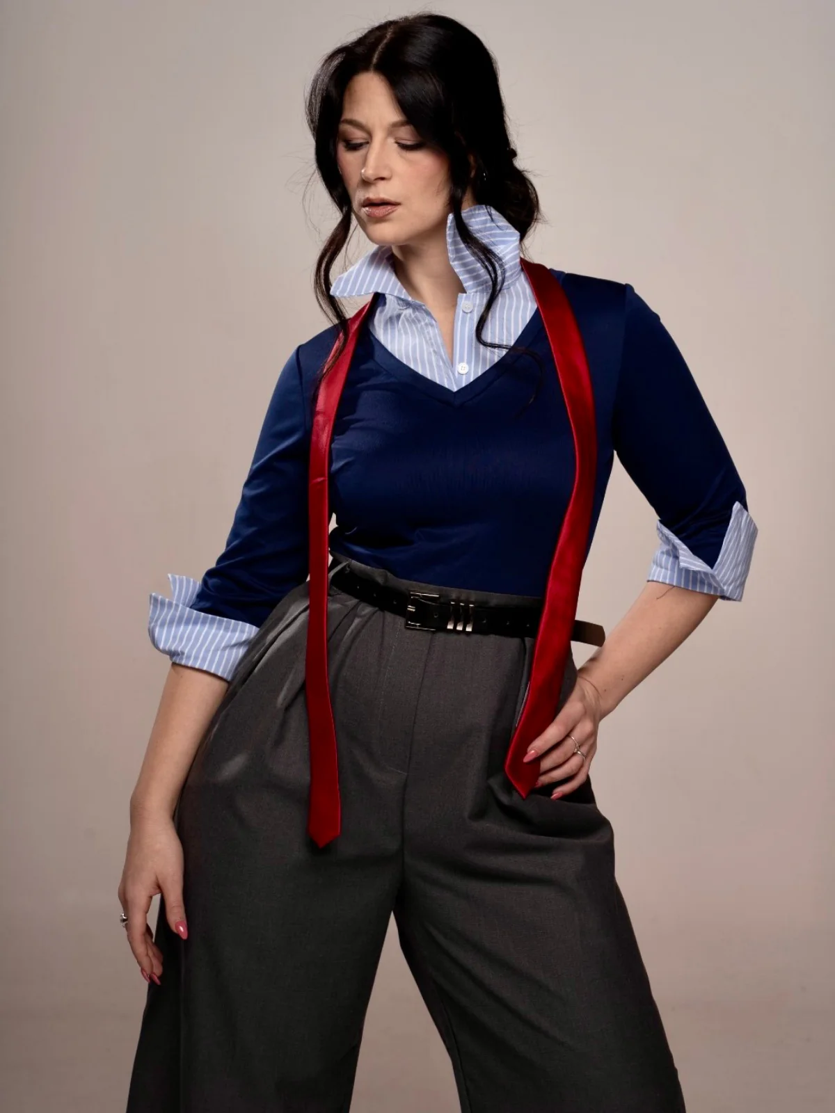 Blue & Gray 1940s Knit Colorblock 3/4 Sleeve Shirt Jumpsuit - Image 2