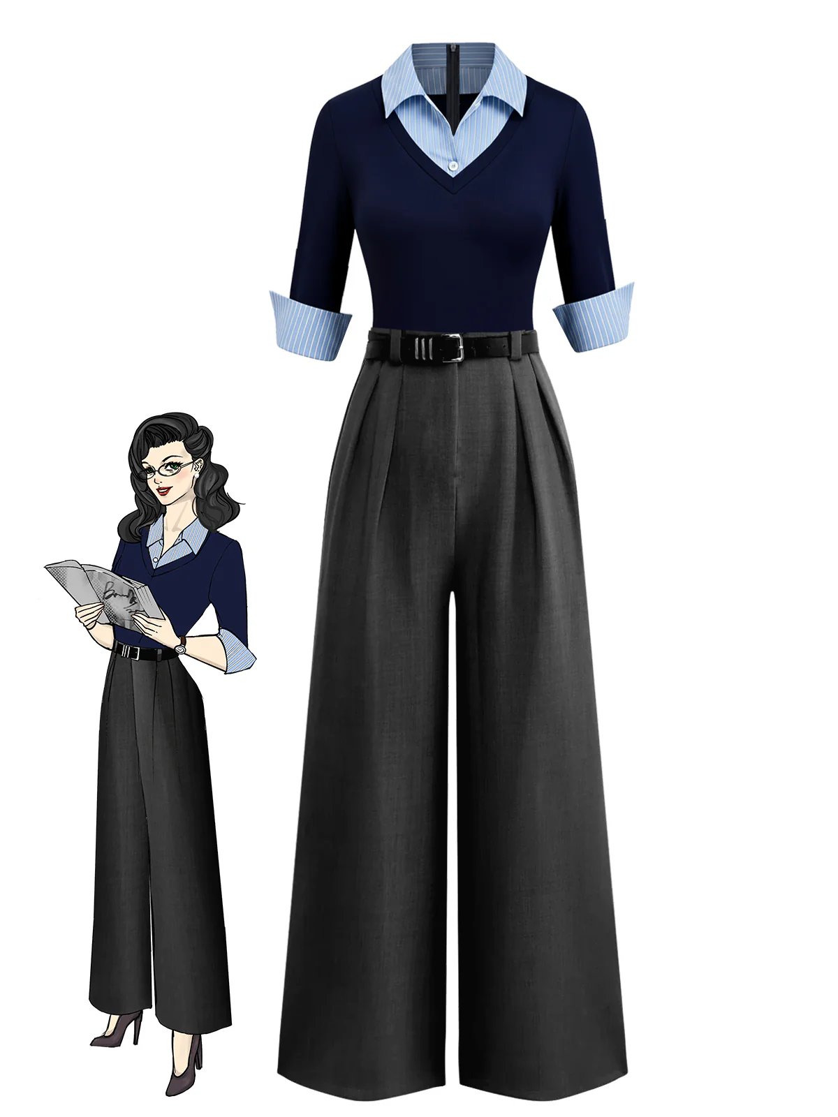 Blue & Gray 1940s Knit Colorblock 3/4 Sleeve Shirt Jumpsuit - Image 4