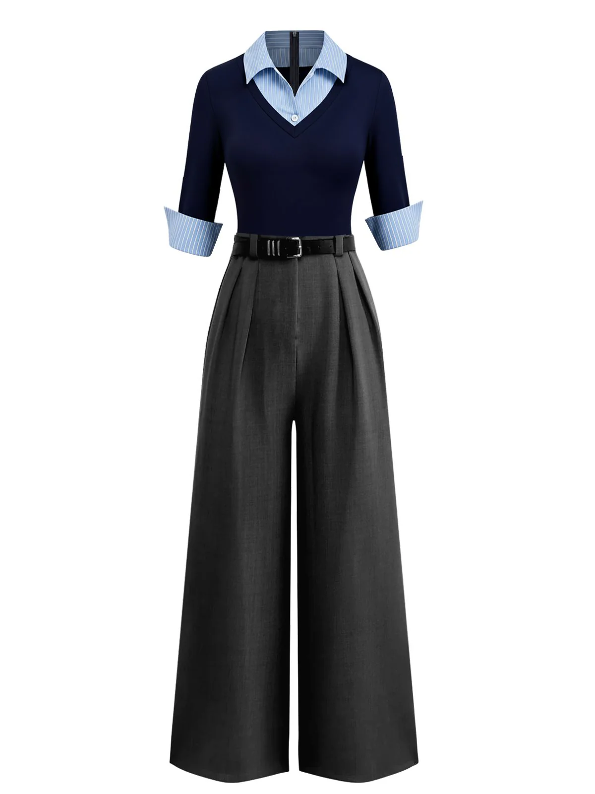 Blue & Gray 1940s Knit Colorblock 3/4 Sleeve Shirt Jumpsuit - Image 5