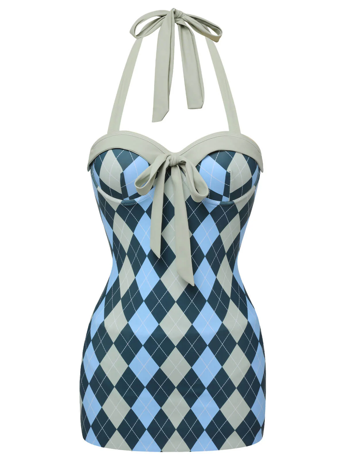 Blue Gray 1950s Argyle Halter One-Piece Swimsuit - Image 2