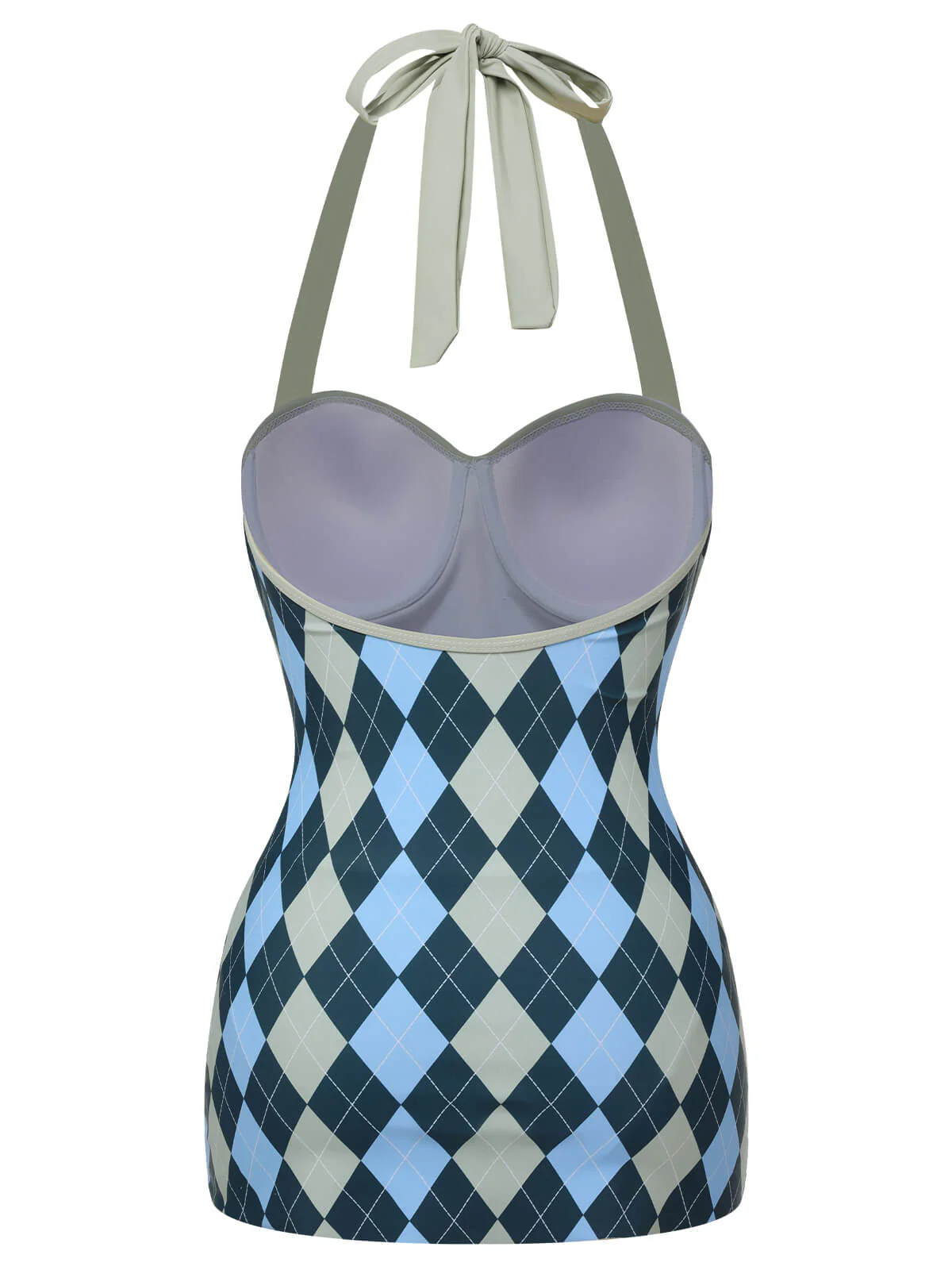 Blue Gray 1950s Argyle Halter One-Piece Swimsuit - Image 4