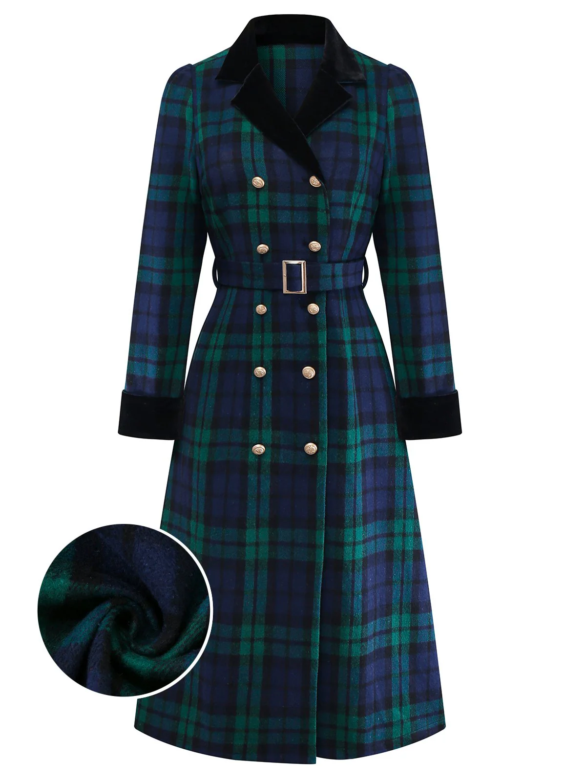 Blue & Green 1940s Plaid Notched Collar Coat - Image 3