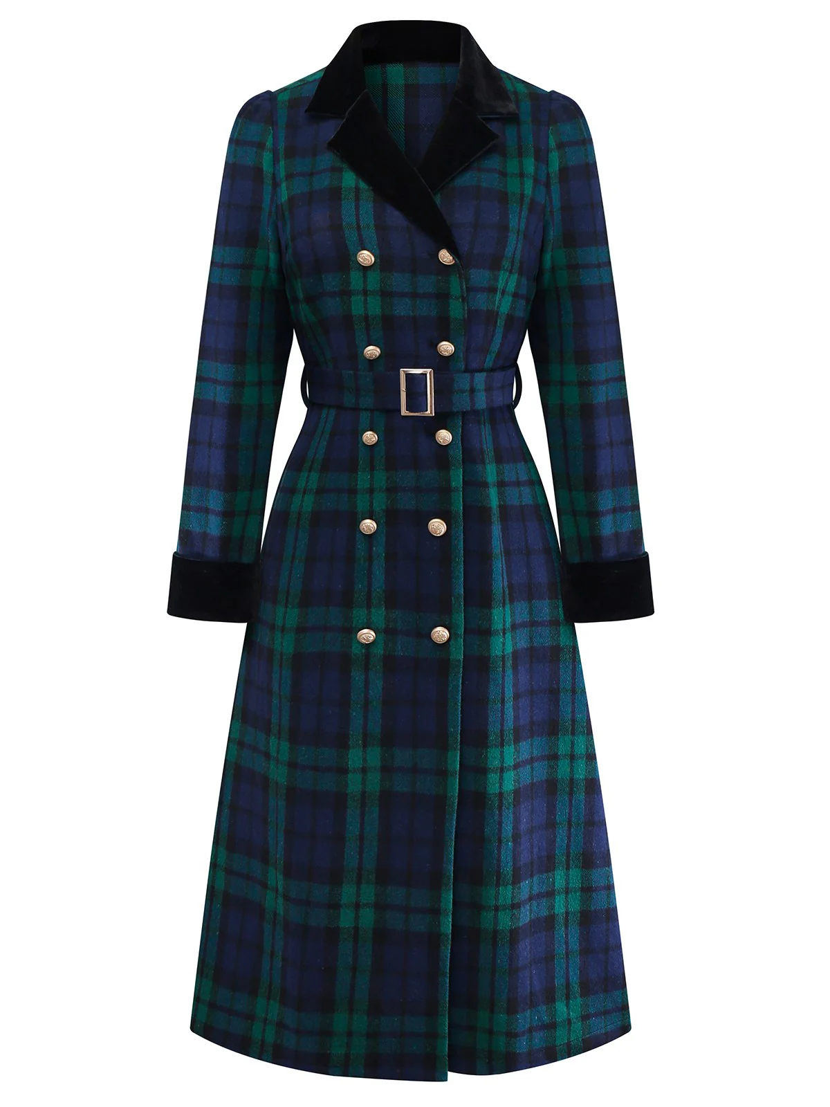 Blue & Green 1940s Plaid Notched Collar Coat - Image 4