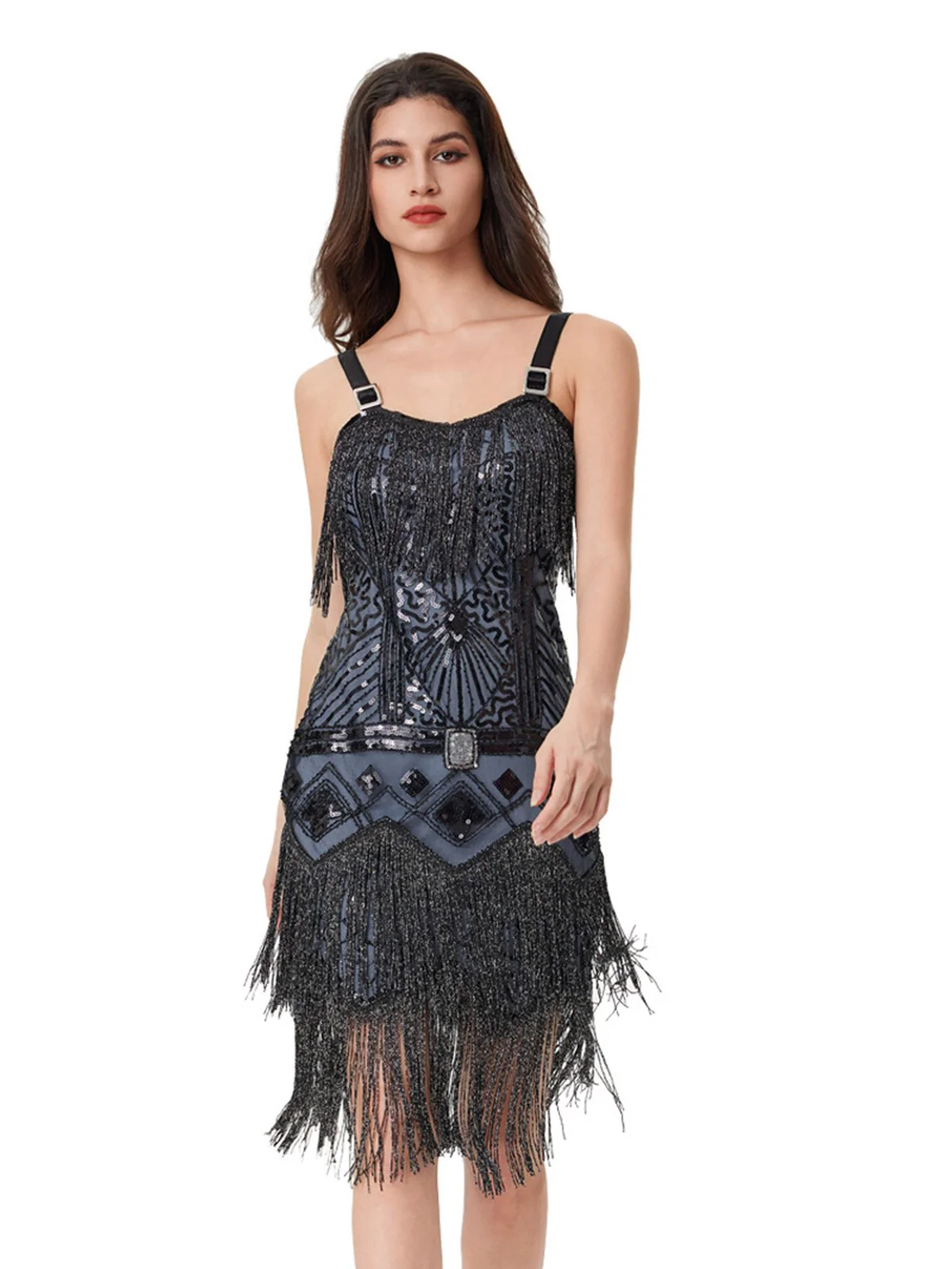 Blue Grey 1920s Sequined Tassel Ball Beaded Slip Dress - Image 2