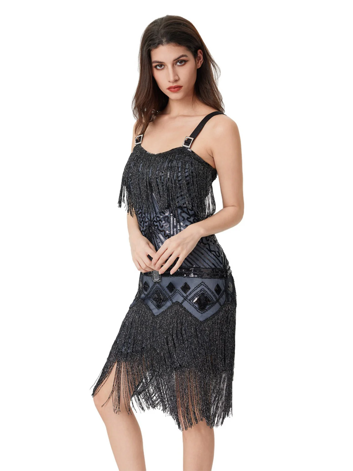 Blue Grey 1920s Sequined Tassel Ball Beaded Slip Dress - Image 4