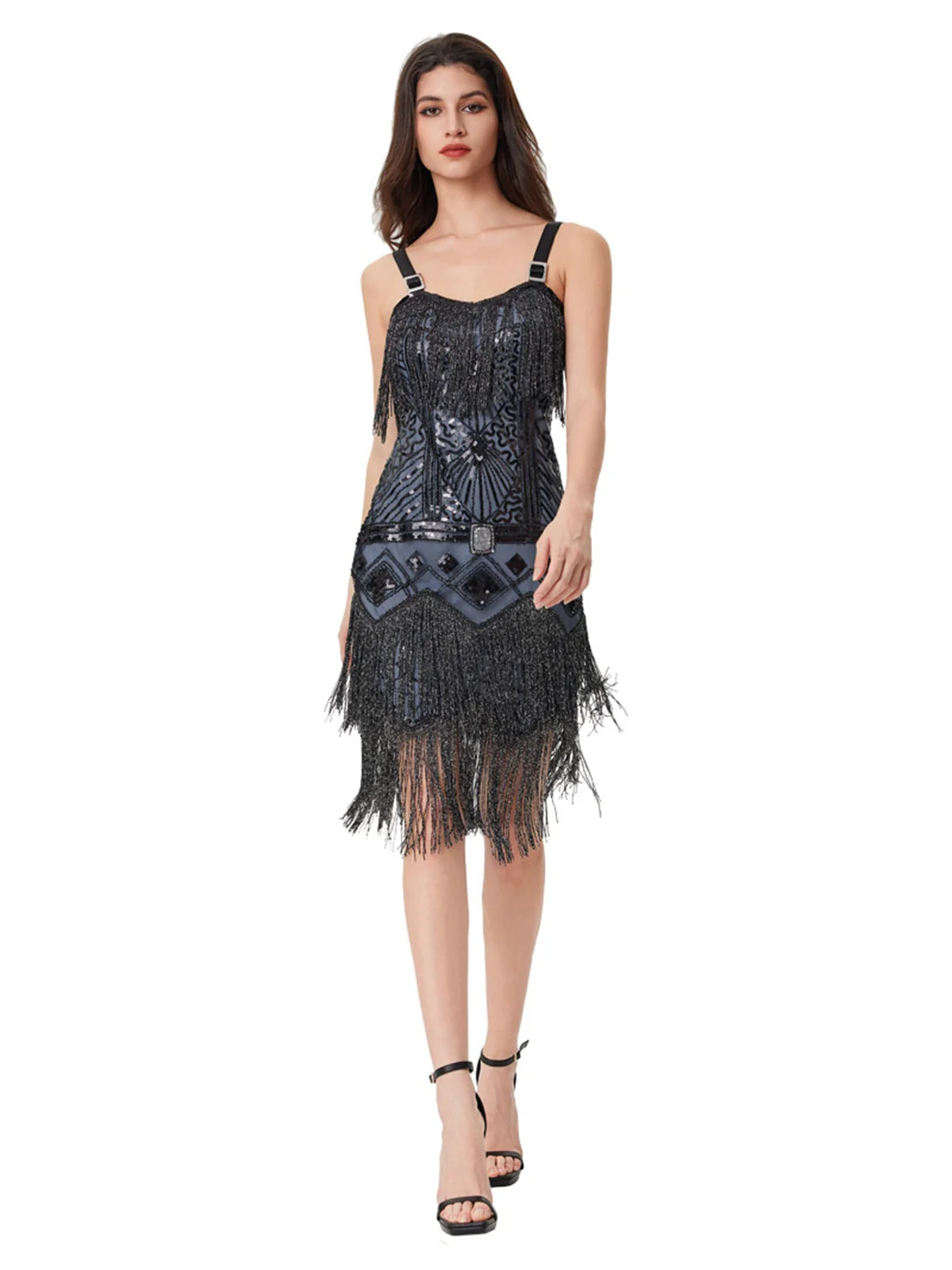 Blue Grey 1920s Sequined Tassel Ball Beaded Slip Dress - Image 5
