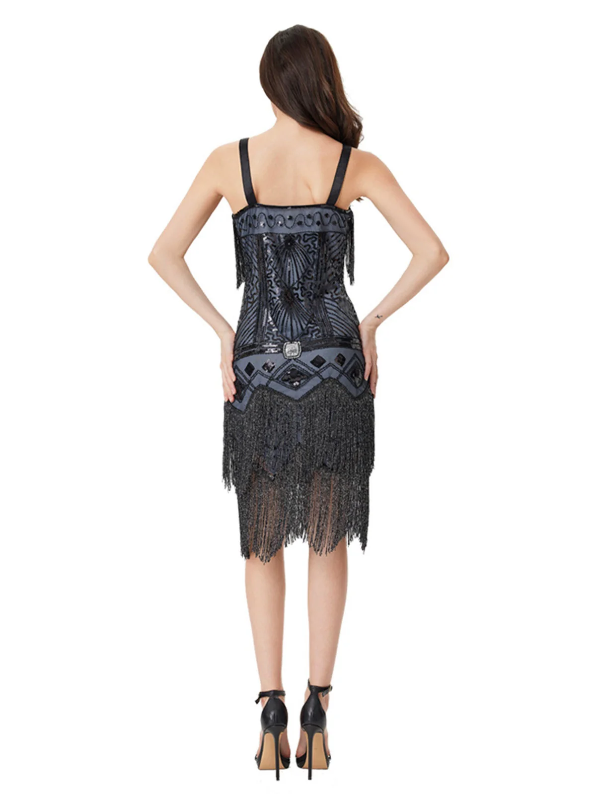 Blue Grey 1920s Sequined Tassel Ball Beaded Slip Dress - Image 6
