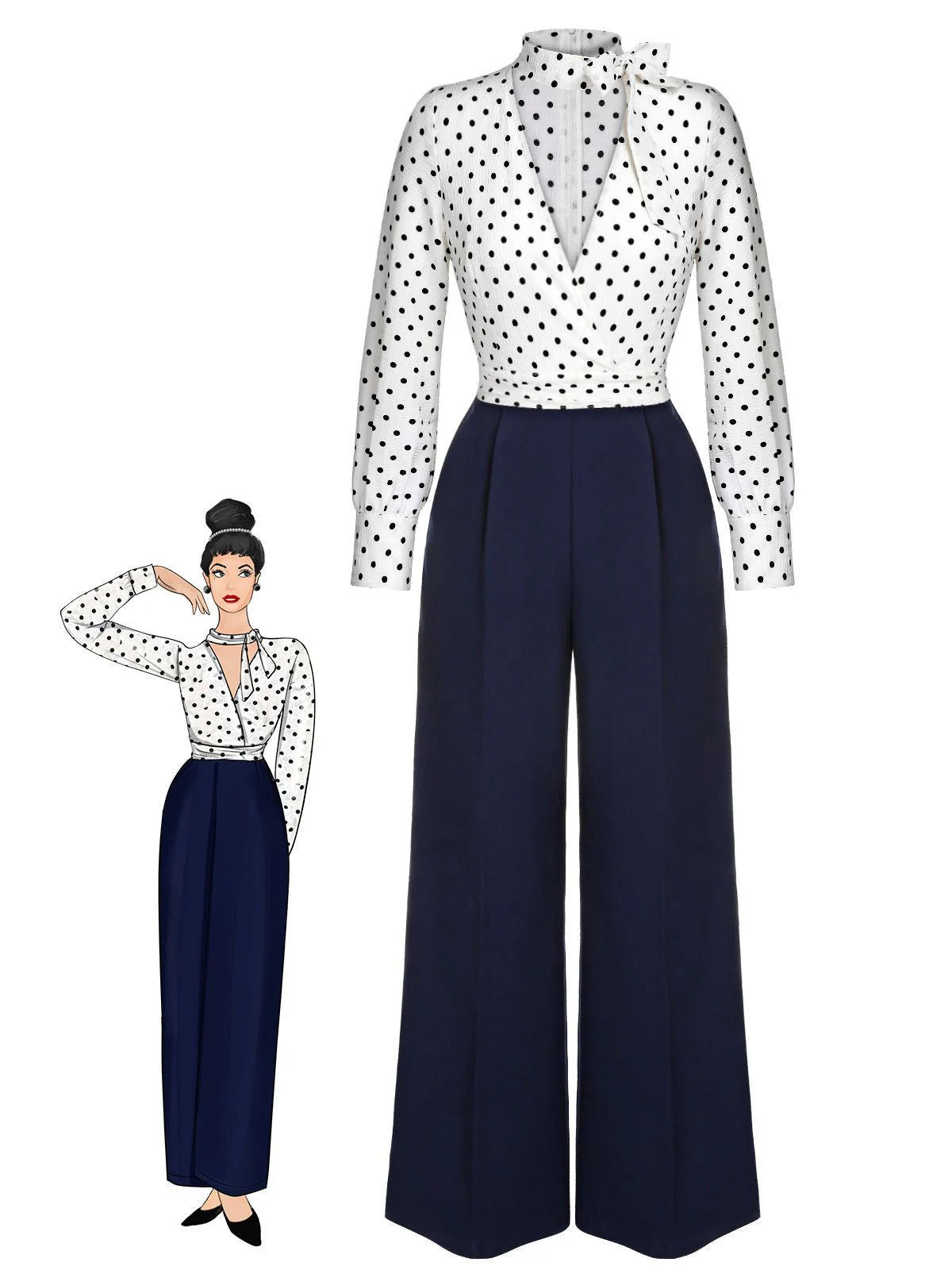 Blue & White 1930s Polka Dots Tie Neck Jumpsuit - Image 2