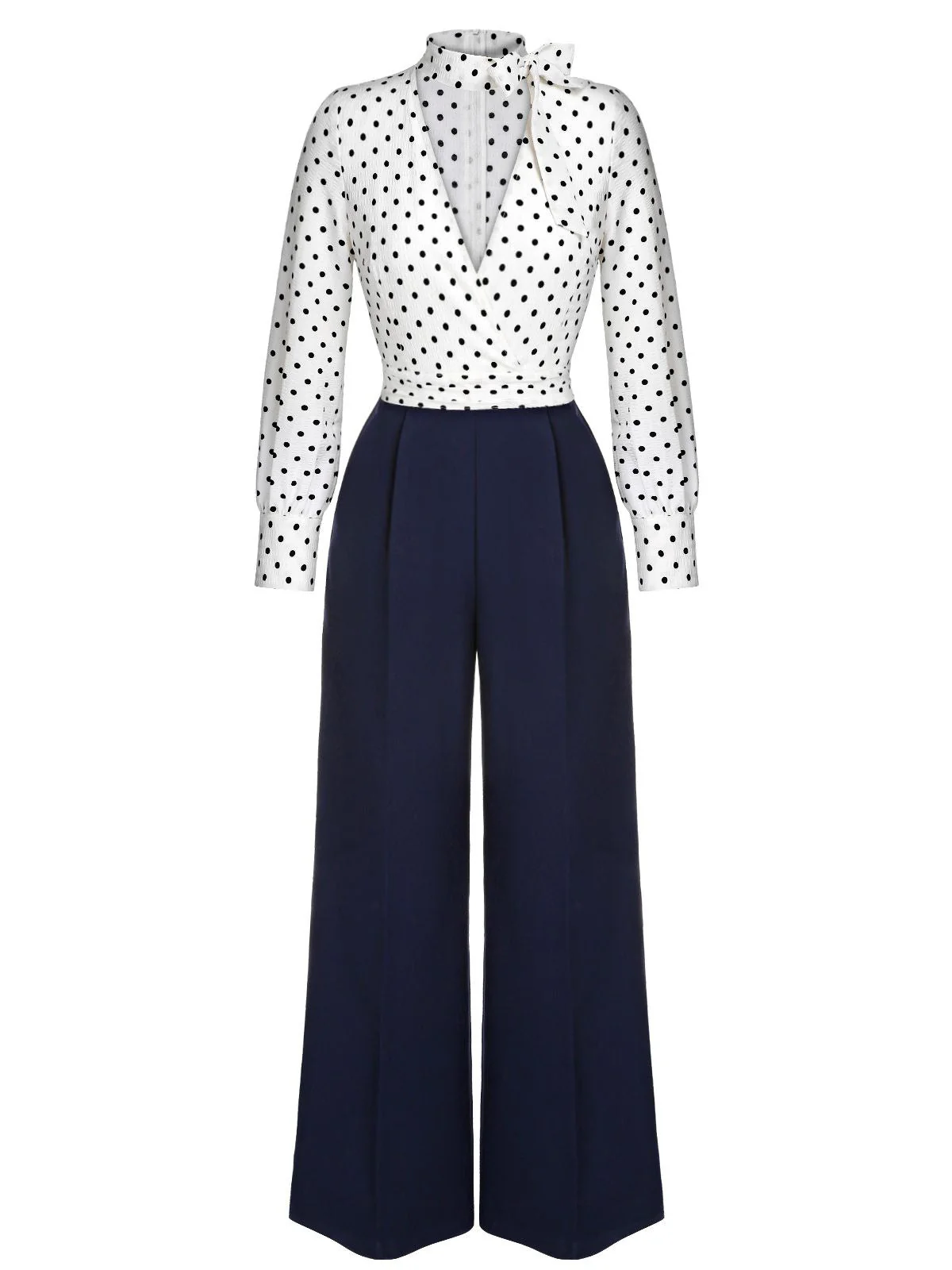 Blue & White 1930s Polka Dots Tie Neck Jumpsuit - Image 3