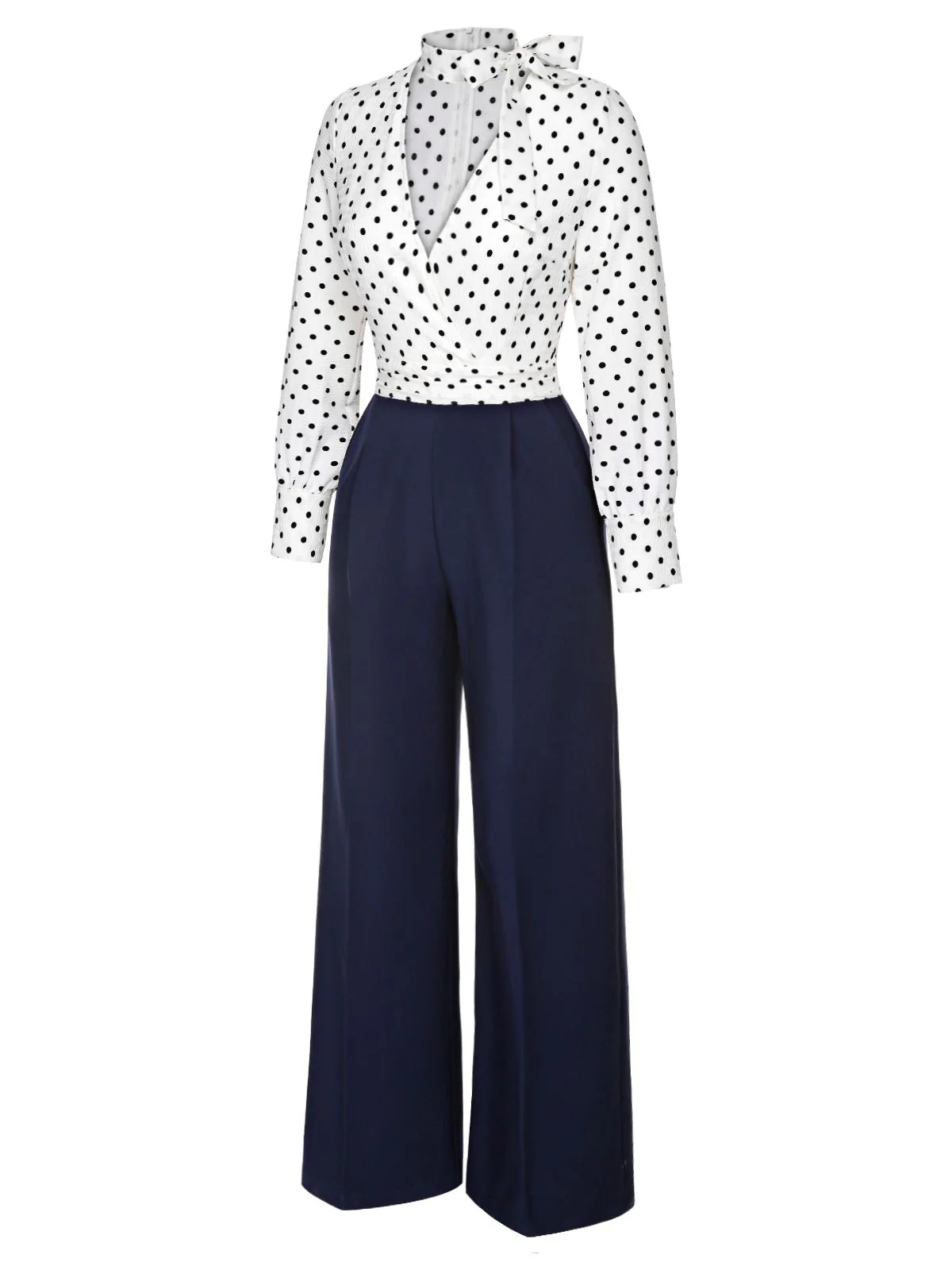 Blue & White 1930s Polka Dots Tie Neck Jumpsuit - Image 4