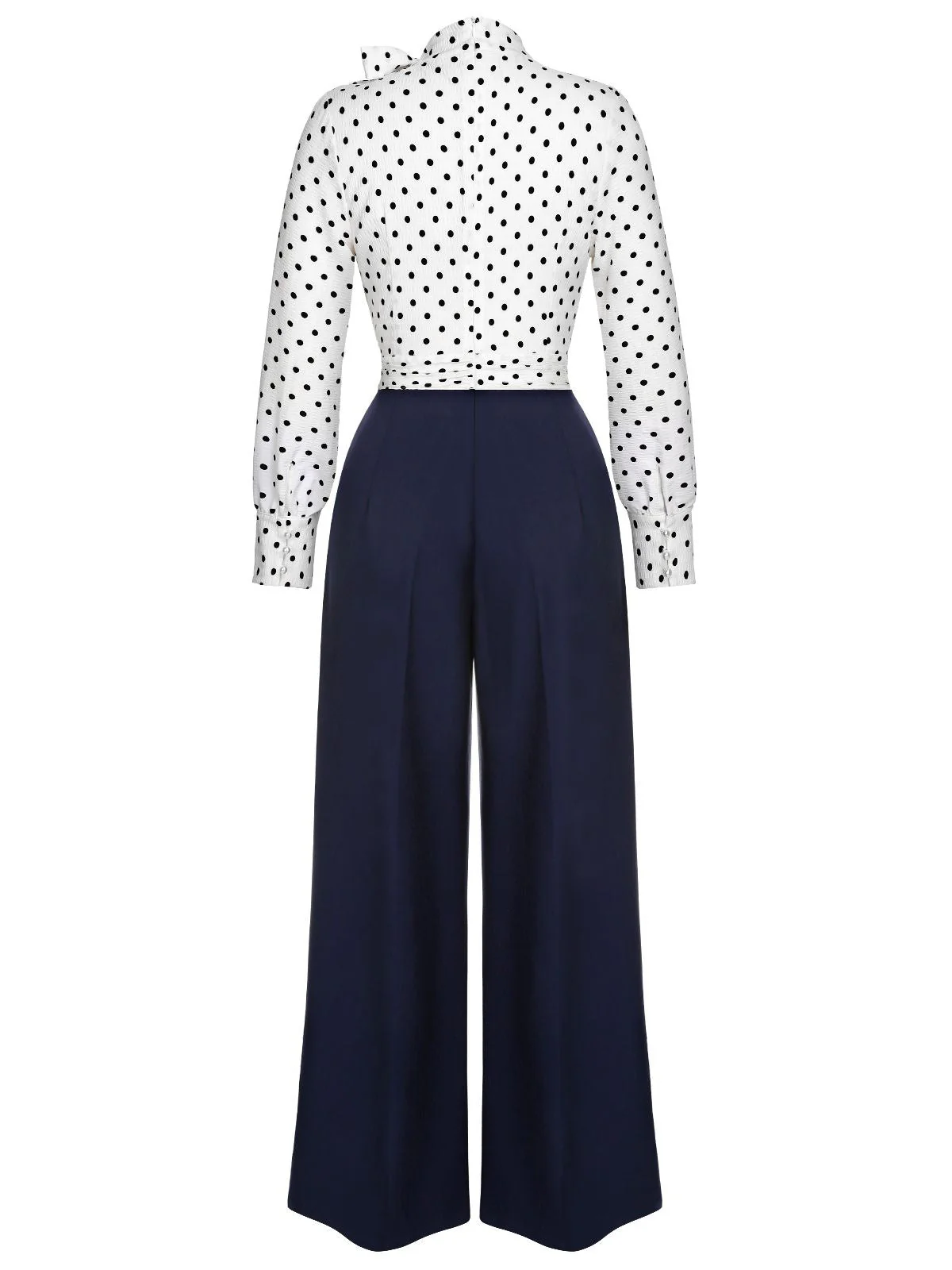 Blue & White 1930s Polka Dots Tie Neck Jumpsuit - Image 5