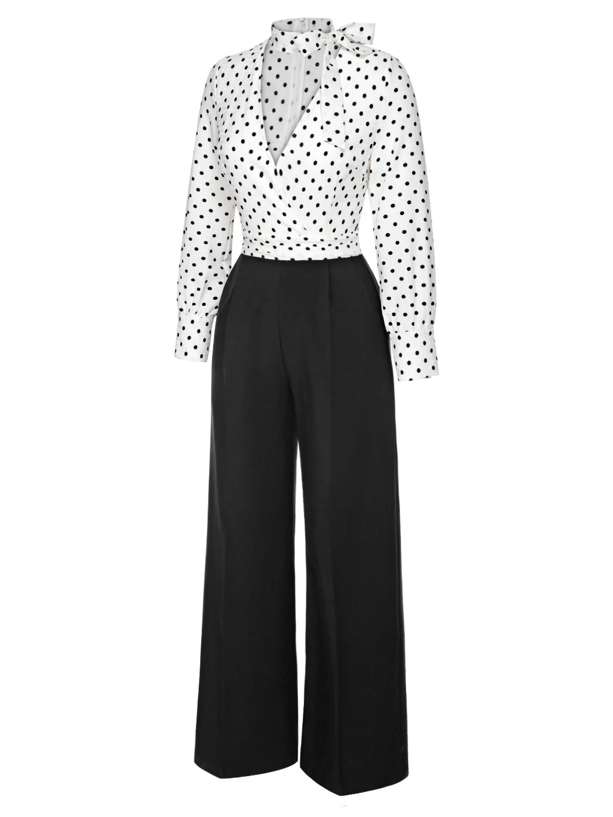 Blue & White 1930s Polka Dots Tie Neck Jumpsuit - Image 10