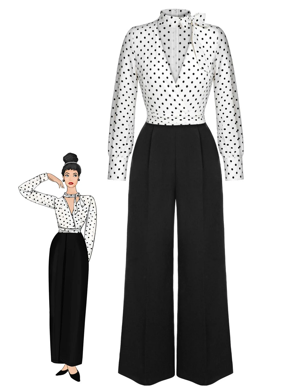 Blue & White 1930s Polka Dots Tie Neck Jumpsuit - Image 8