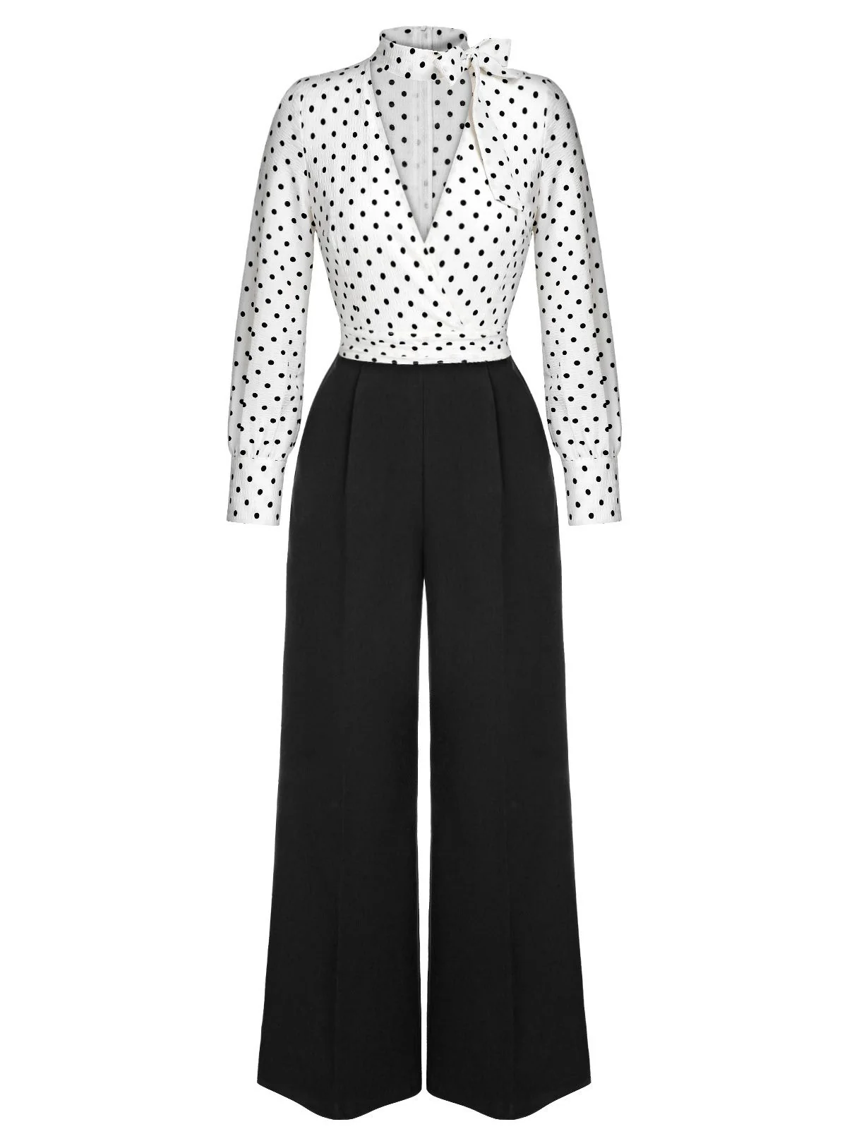 Blue & White 1930s Polka Dots Tie Neck Jumpsuit - Image 9
