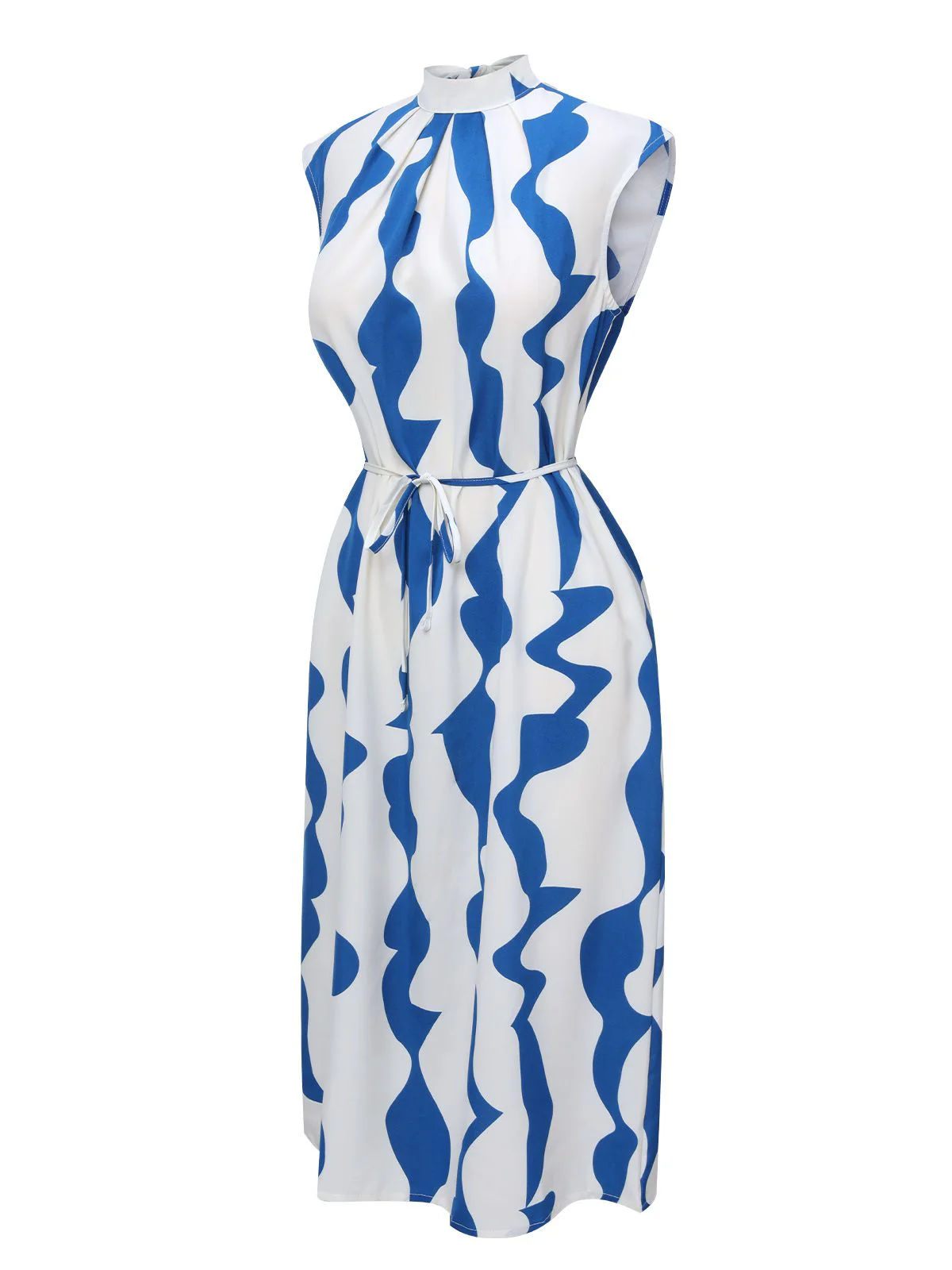 Blue & White 1940s Curves Stand Collar Belt Dress - Image 2