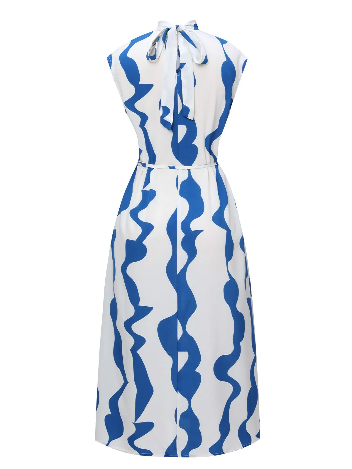 Blue & White 1940s Curves Stand Collar Belt Dress - Image 3
