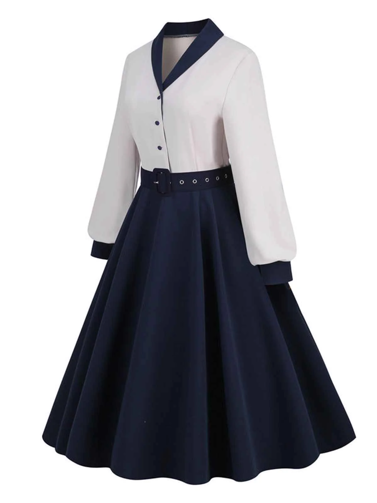 Blue & White 1950s Solid Patchwork Dress - Image 2