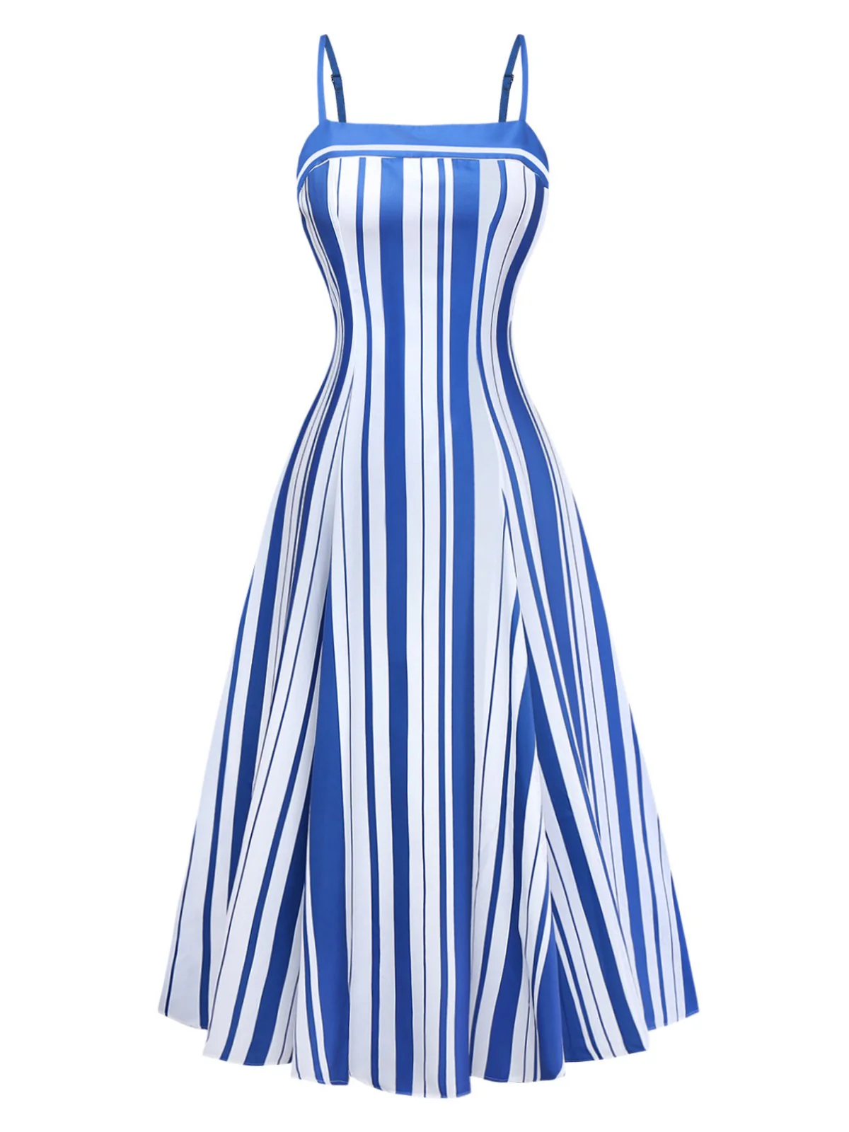 Blue & White 1950s Stripe Spaghetti Strap Midi Dress - Image 2