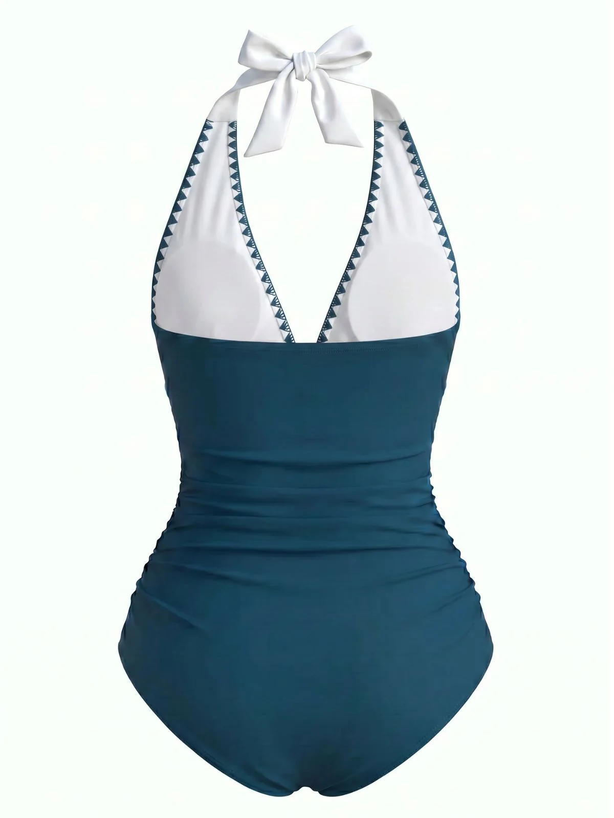 Blue & White 1950s Zigzag Embroidered V-Neck Swimsuit - Image 2