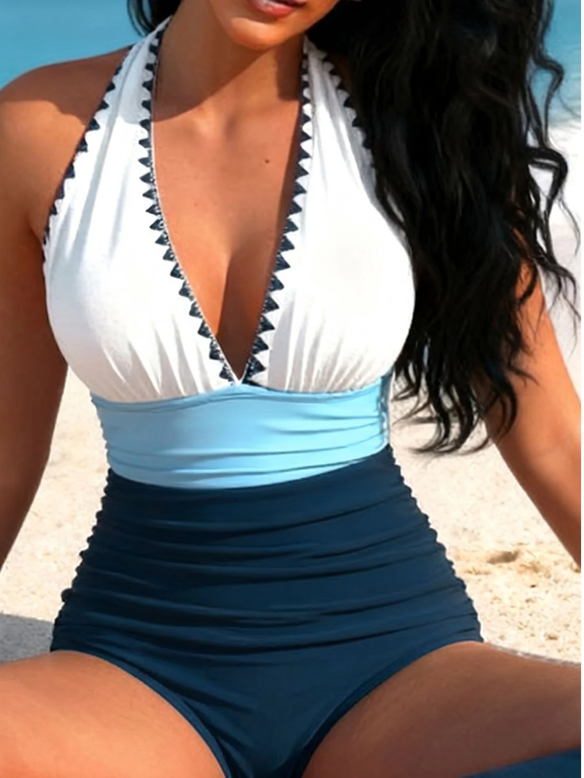 Blue & White 1950s Zigzag Embroidered V-Neck Swimsuit - Image 3