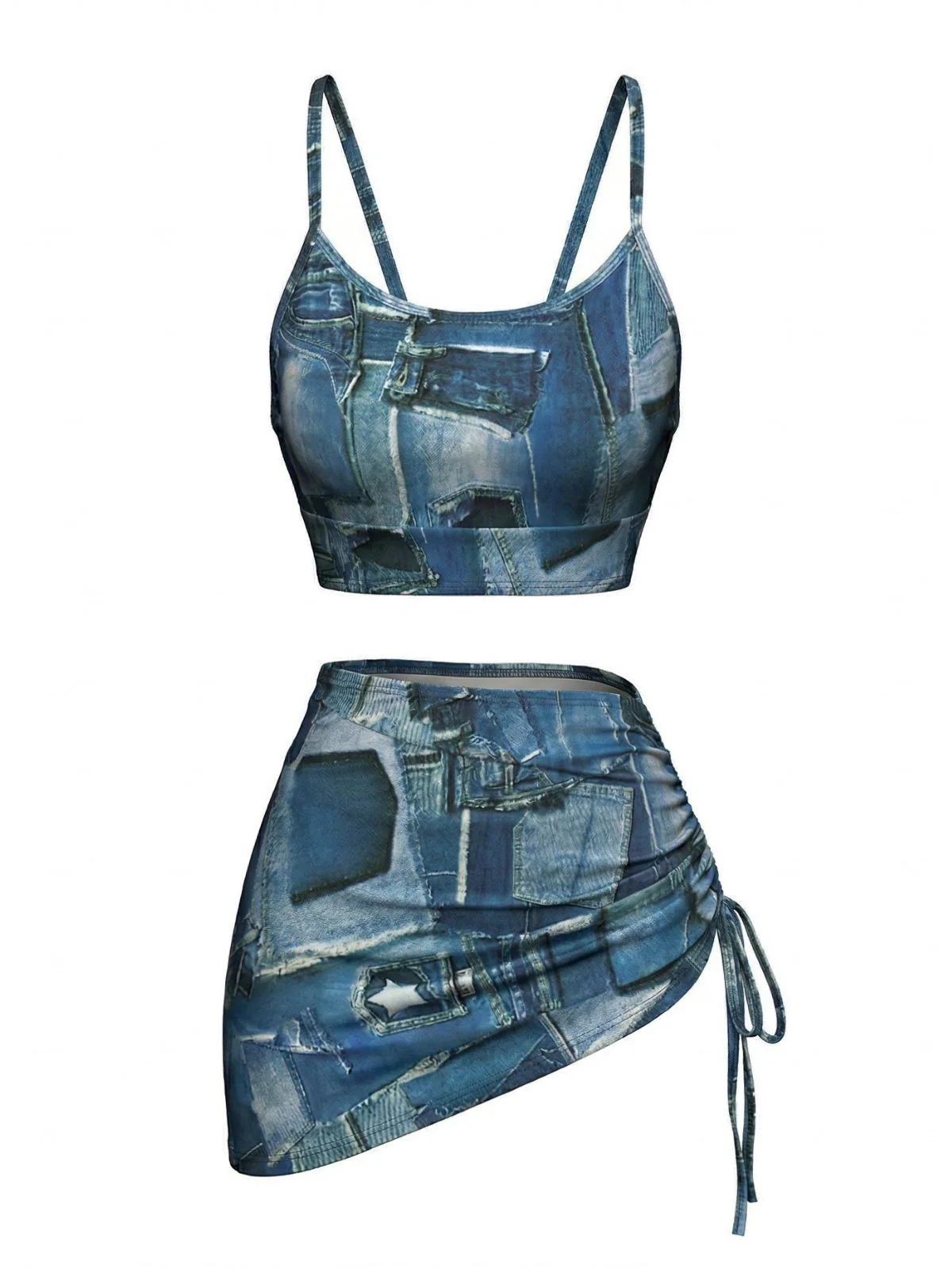Blue Y2K Denim Patchwork Print Drawstring Bikini Set & Cover-up - Image 2