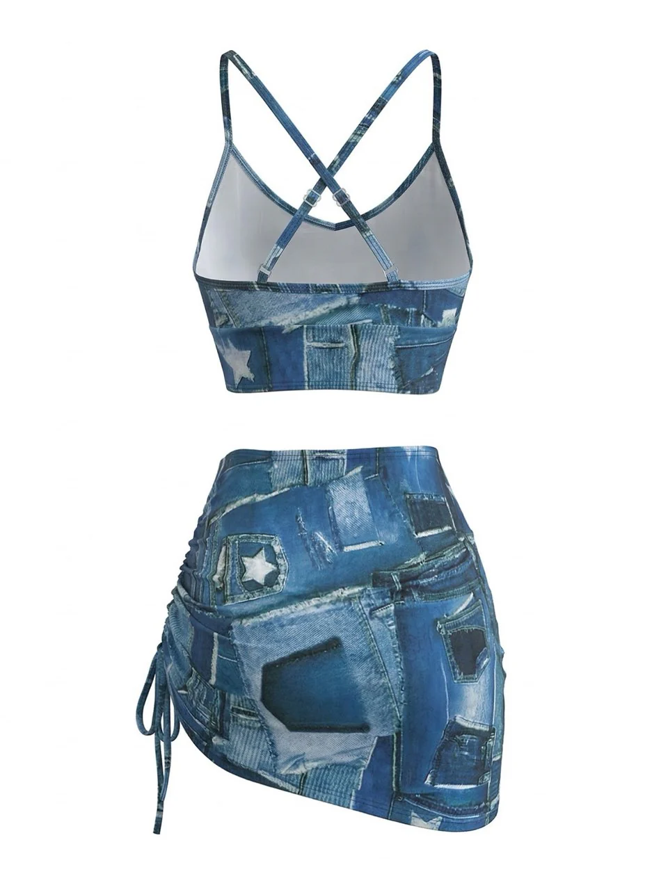 Blue Y2K Denim Patchwork Print Drawstring Bikini Set & Cover-up - Image 3