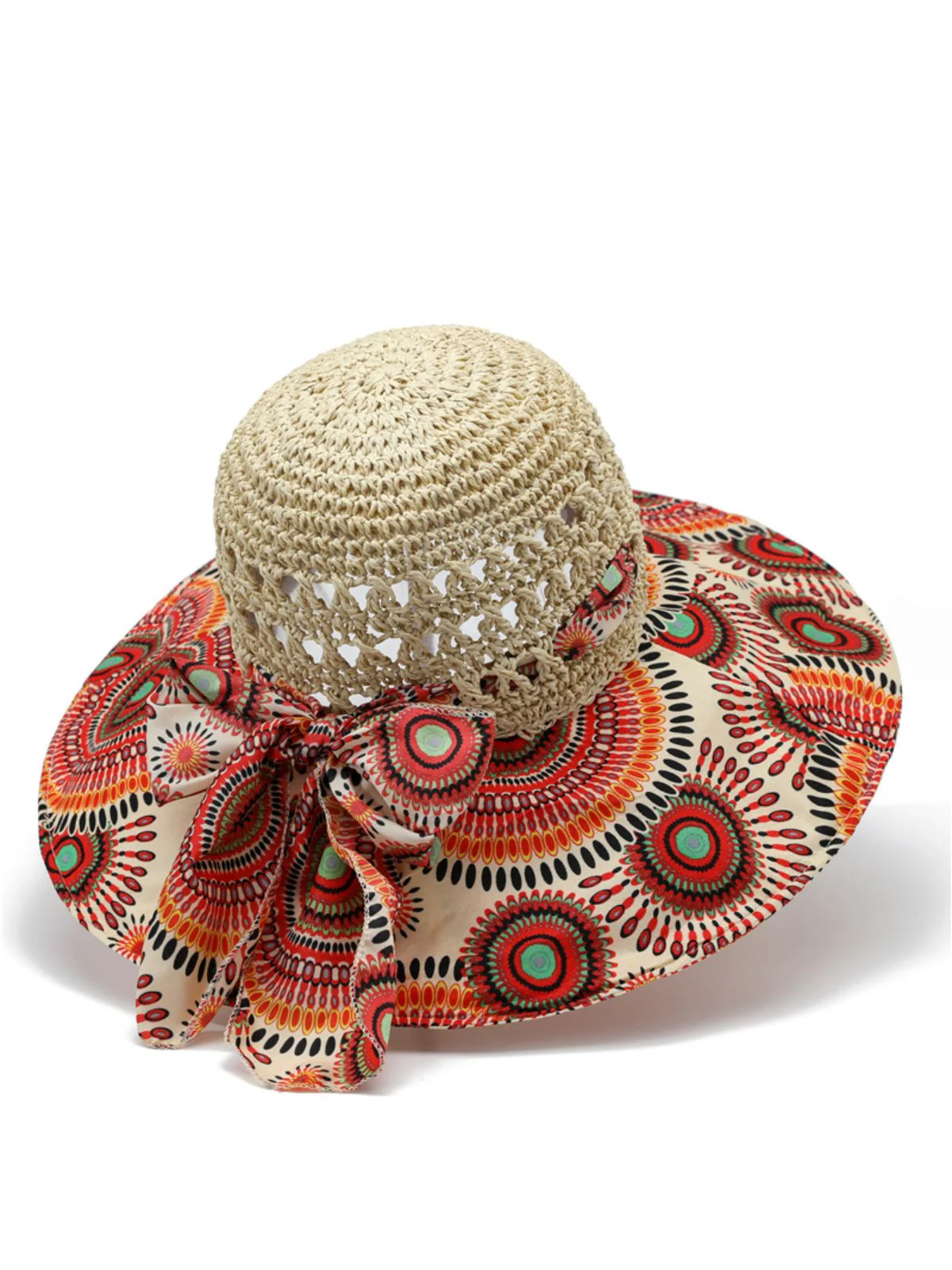 Bohemian Mandala Print Crochet Straw Bow Sun Hat