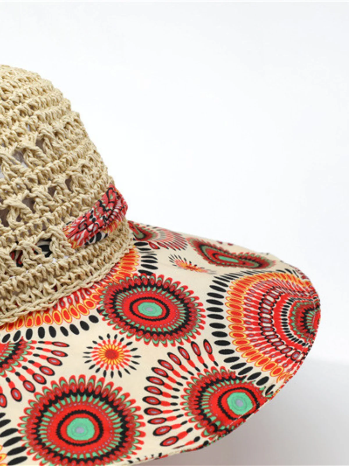 Bohemian Mandala Print Crochet Straw Bow Sun Hat - Image 2